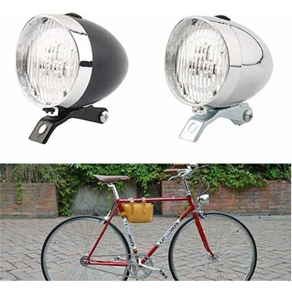 Zwei Fahrradscheinwerfer und ein rotes Fahrrad mit einer gelben Tasche. Grünes Laub im Hintergrund.