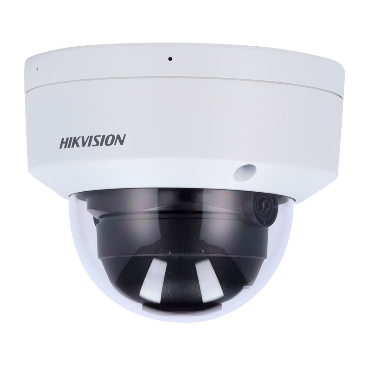 Una telecamera di sicurezza a cupola Hikvision bianca. Ha una cupola trasparente e un interno nero. Il logo è sulla parte superiore.