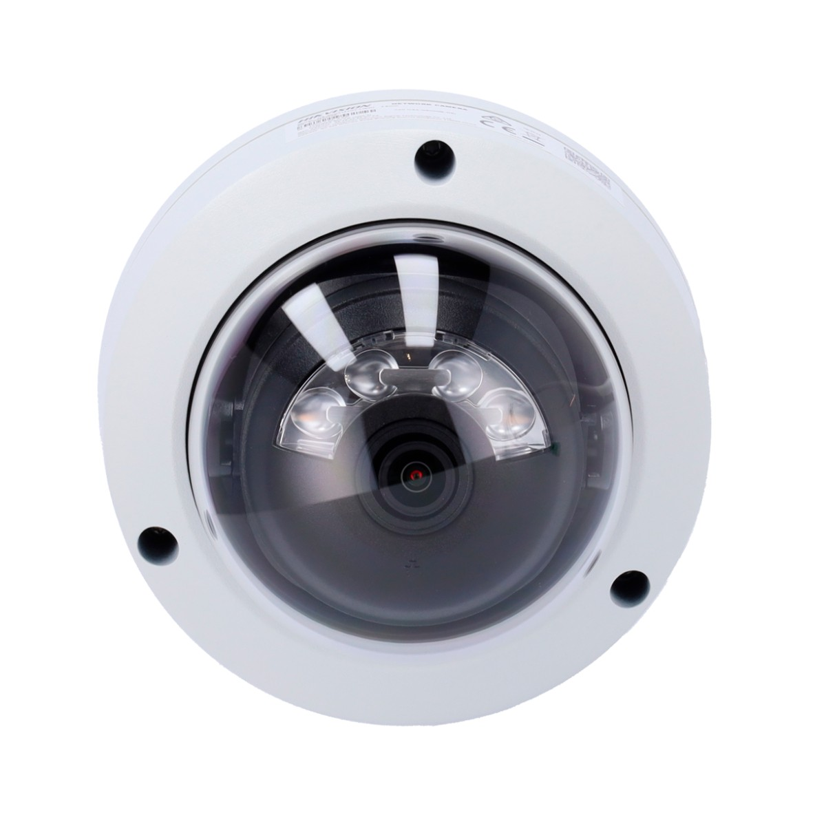 Una telecamera di sicurezza a cupola bianca con una copertura trasparente. Ha una lente scura con tre luci e tre piccoli fori sul bordo.