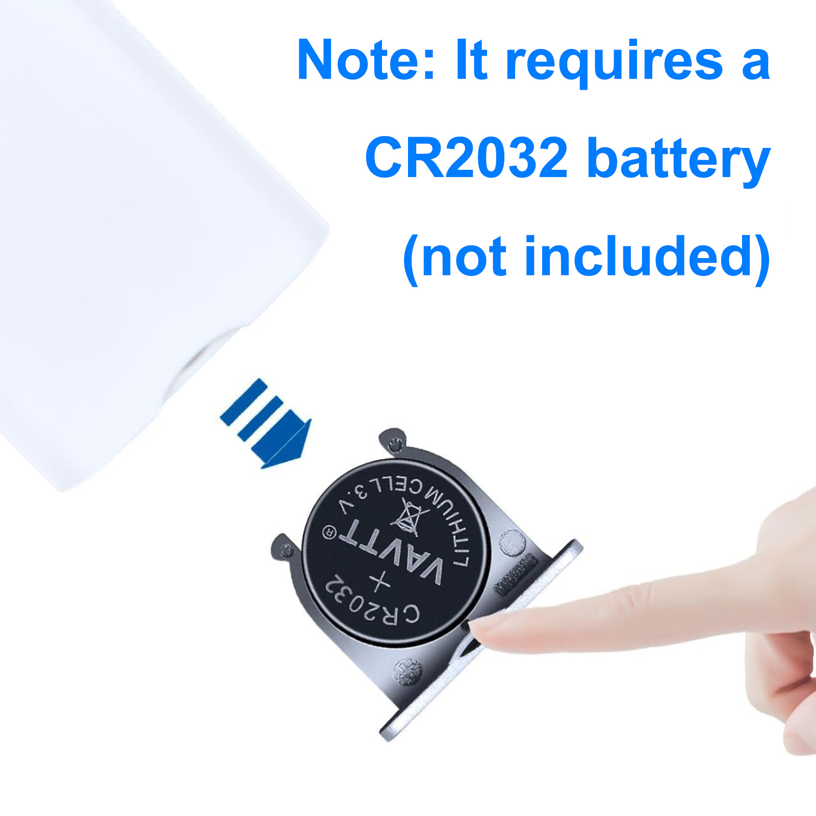 Eine Hand zeigt auf eine CR2032-Batterie. Der Text besagt, dass diese Batterie benötigt wird, nicht im Lieferumfang enthalten.