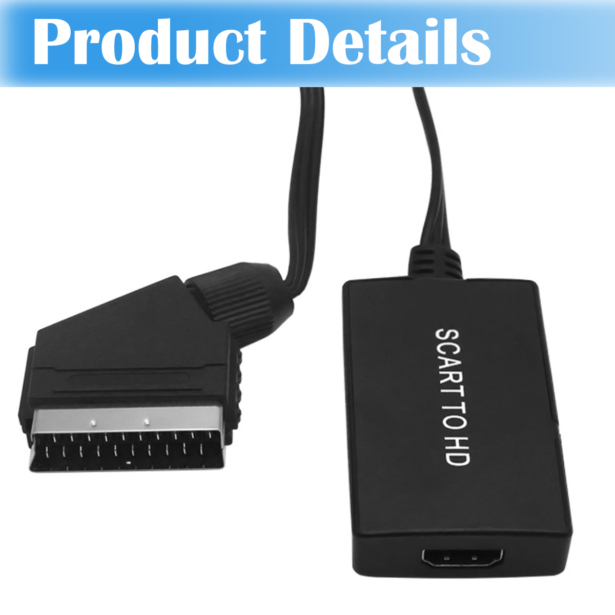 Schwarzer SCART-zu-HD-Adapter. Er hat einen SCART-Anschluss, ein schwarzes Kabel und eine kleine schwarze Box mit der Aufschrift SCART TO HD mit einem HDMI-Anschluss.