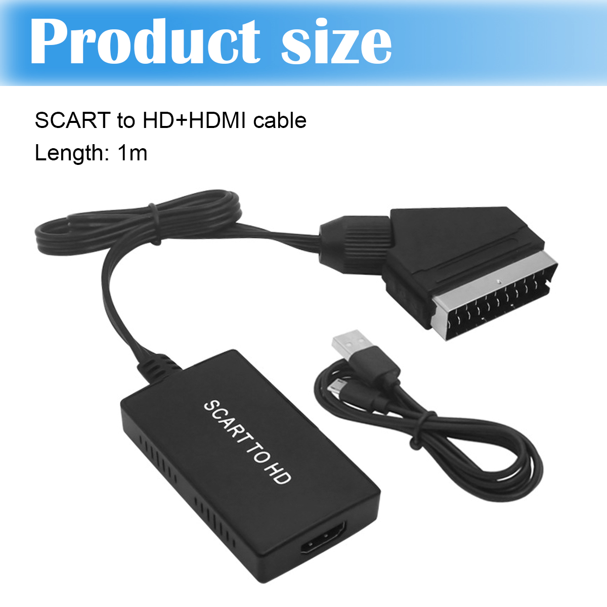 Schwarzes SCART-zu-HD+HDMI-Kabel. Enthält eine Konverterbox und ein USB-Kabel. Das Produkt befindet sich auf weißem Hintergrund.