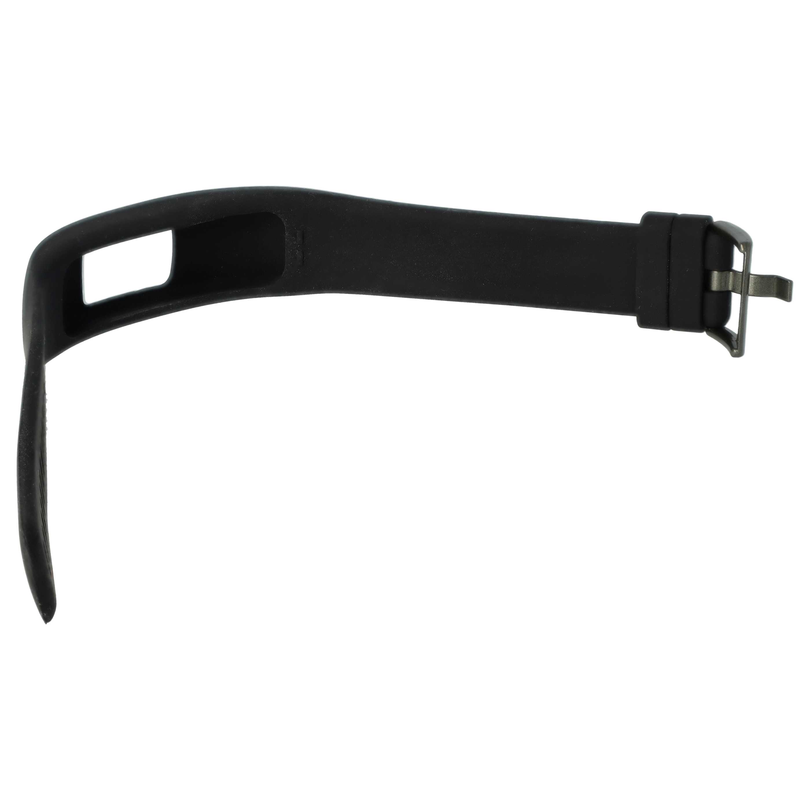 Ein schwarzes Armband mit Schnalle. Das Armband hat ein rechteckiges Loch. Der Hintergrund ist weiß.