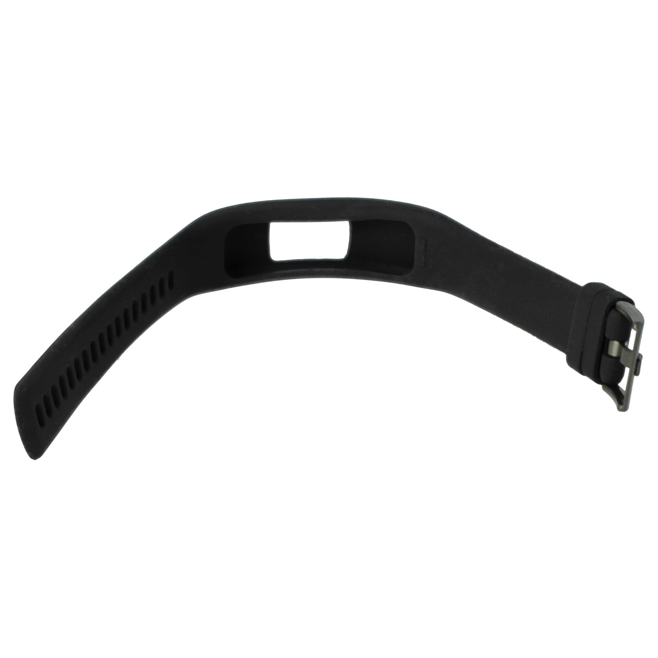 Ein schwarzes Armband mit Schnalle. Das Band ist gebogen und hat eine rechteckige Öffnung.