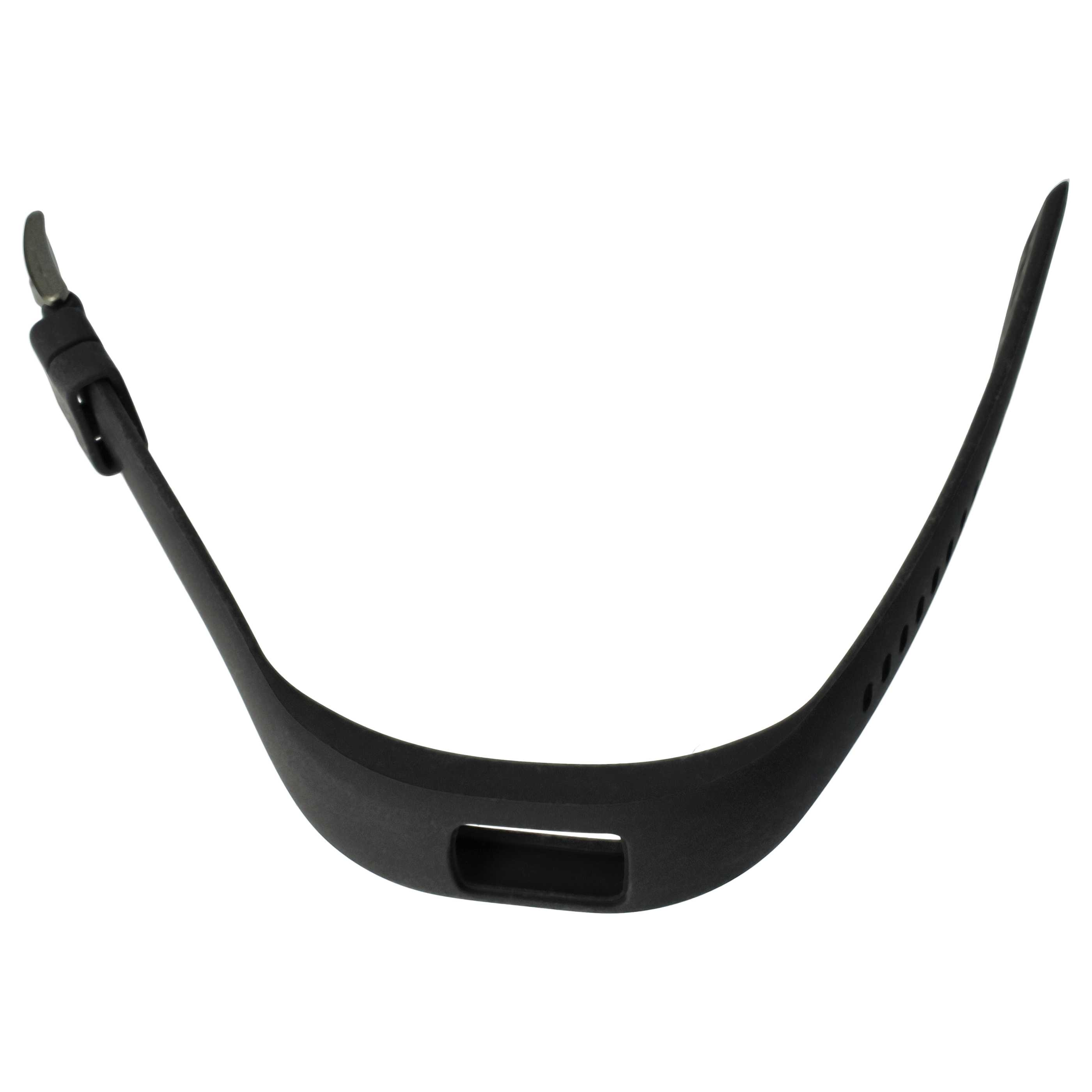 Ein gebogenes schwarzes Uhrenarmband mit einer Schnalle auf weißem Hintergrund.