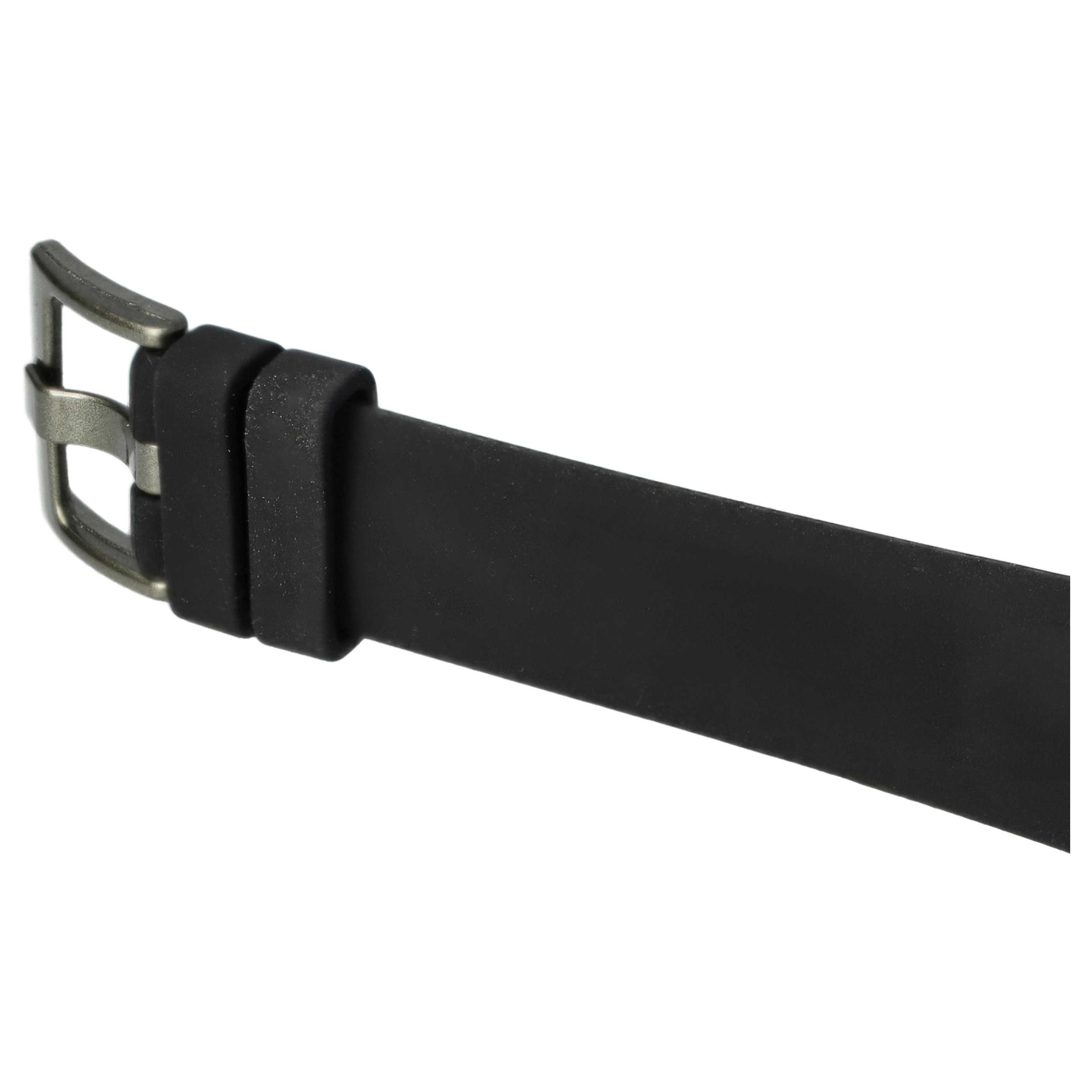 Nahaufnahme eines schwarzen Uhrenarmbands mit silberner Schnalle vor weißem Hintergrund.