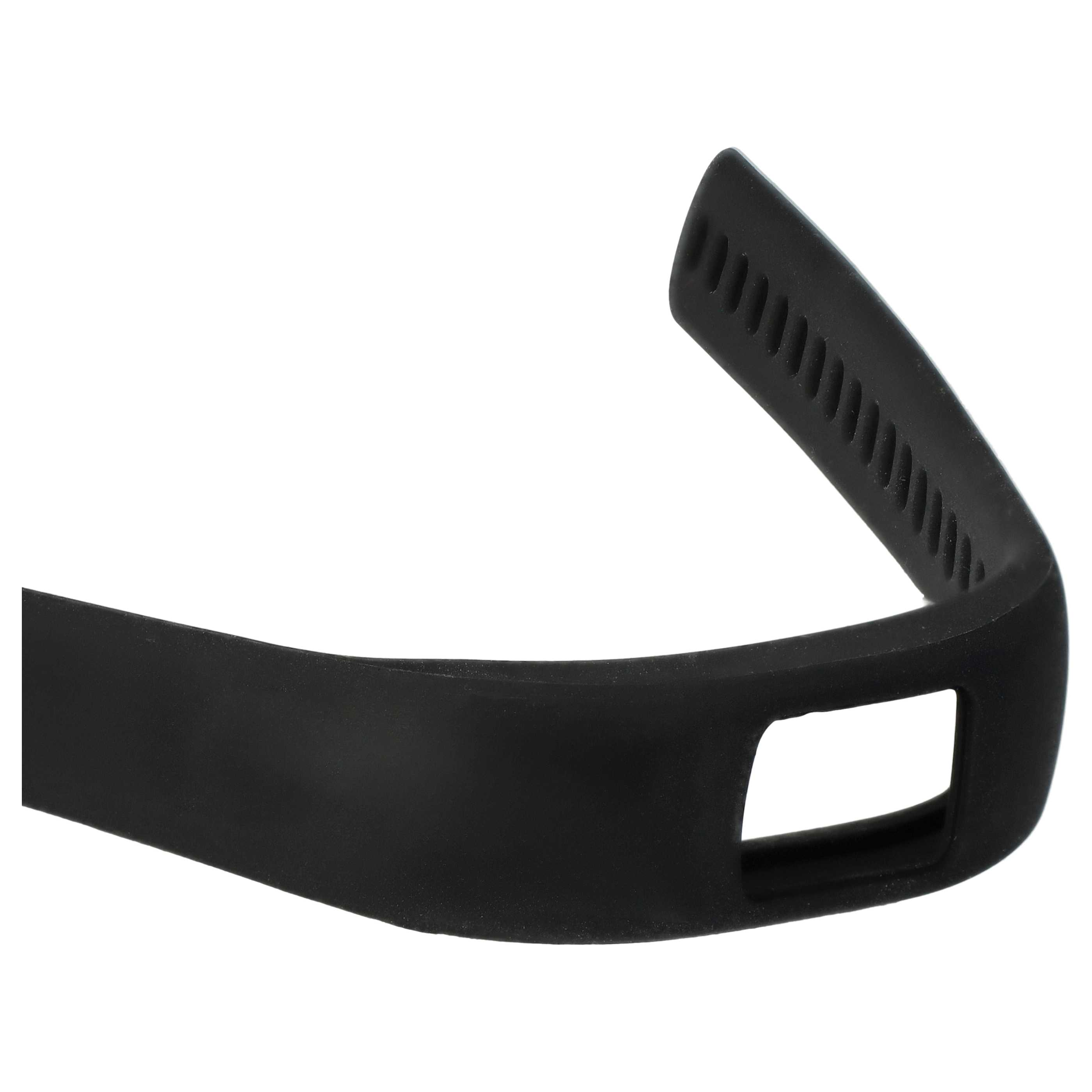 Nahaufnahme eines schwarzen Uhrenarmbands mit rechteckigem Loch und strukturierten Details. Der Hintergrund ist weiß.