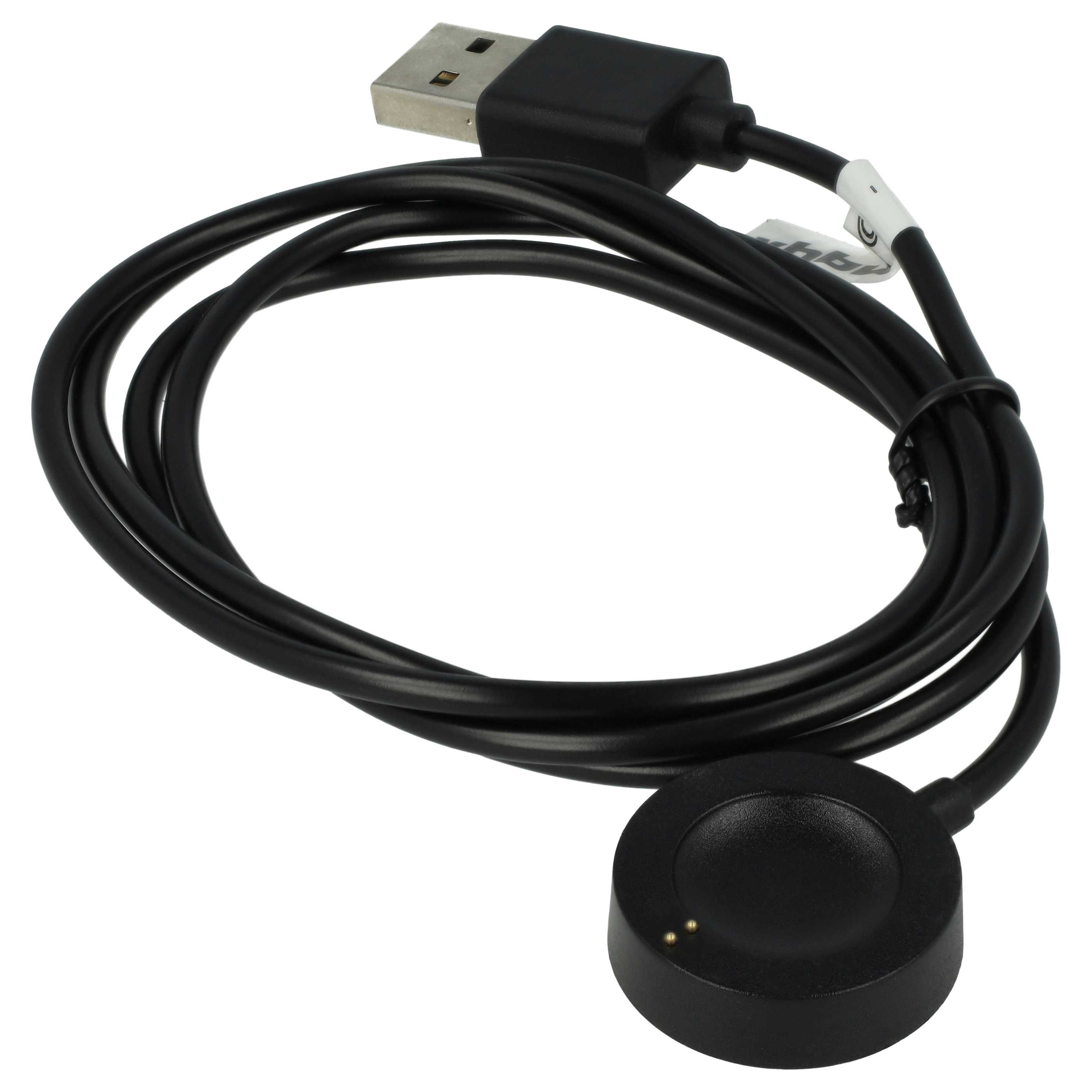 Ein schwarzes USB-Ladekabel mit runder Ladebasis. Das Kabel ist aufgerollt, der USB-Anschluss ist sichtbar.