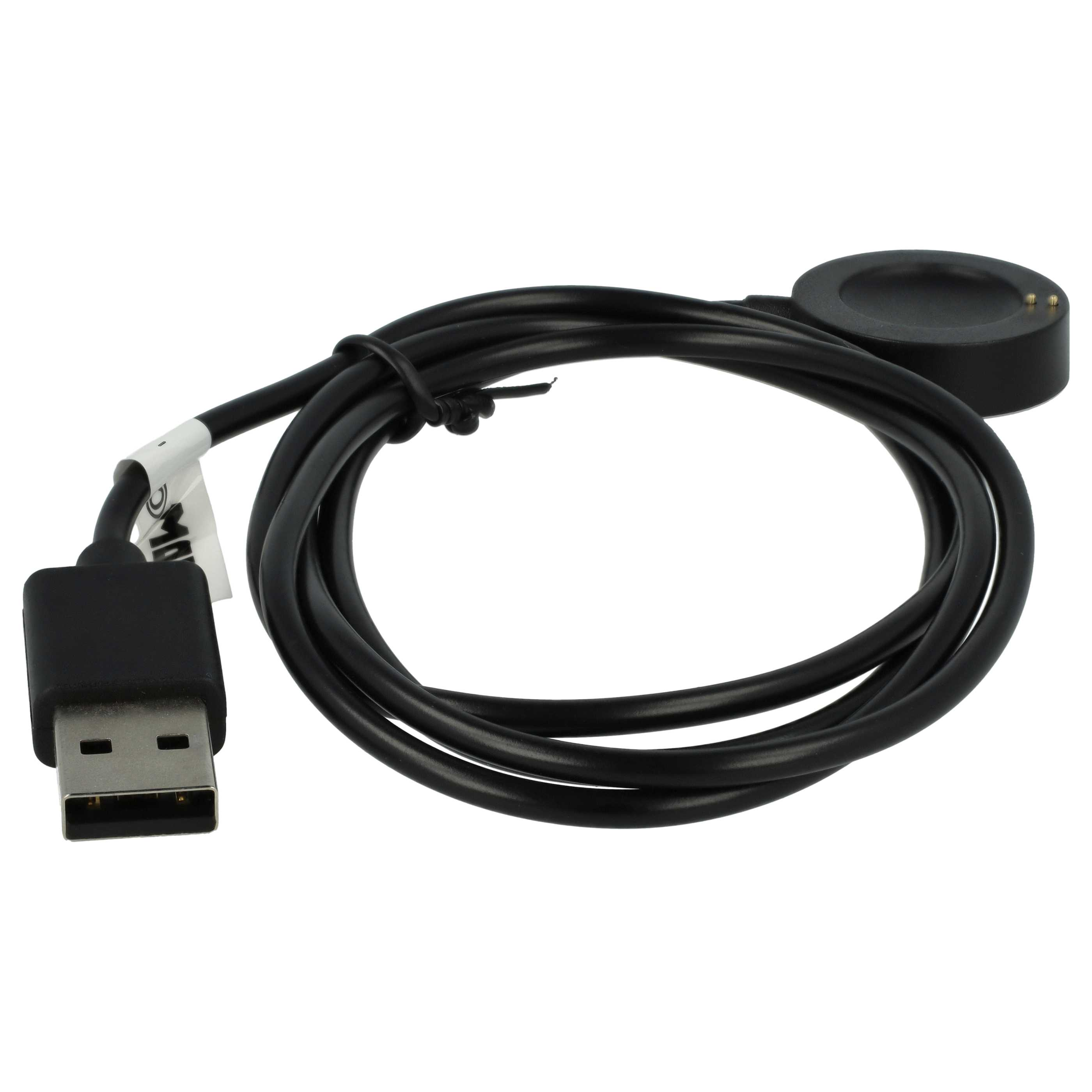 Ein schwarzes Smartwatch-Ladegerät auf weißem Hintergrund. Es hat einen USB-Anschluss und eine runde Ladestation.