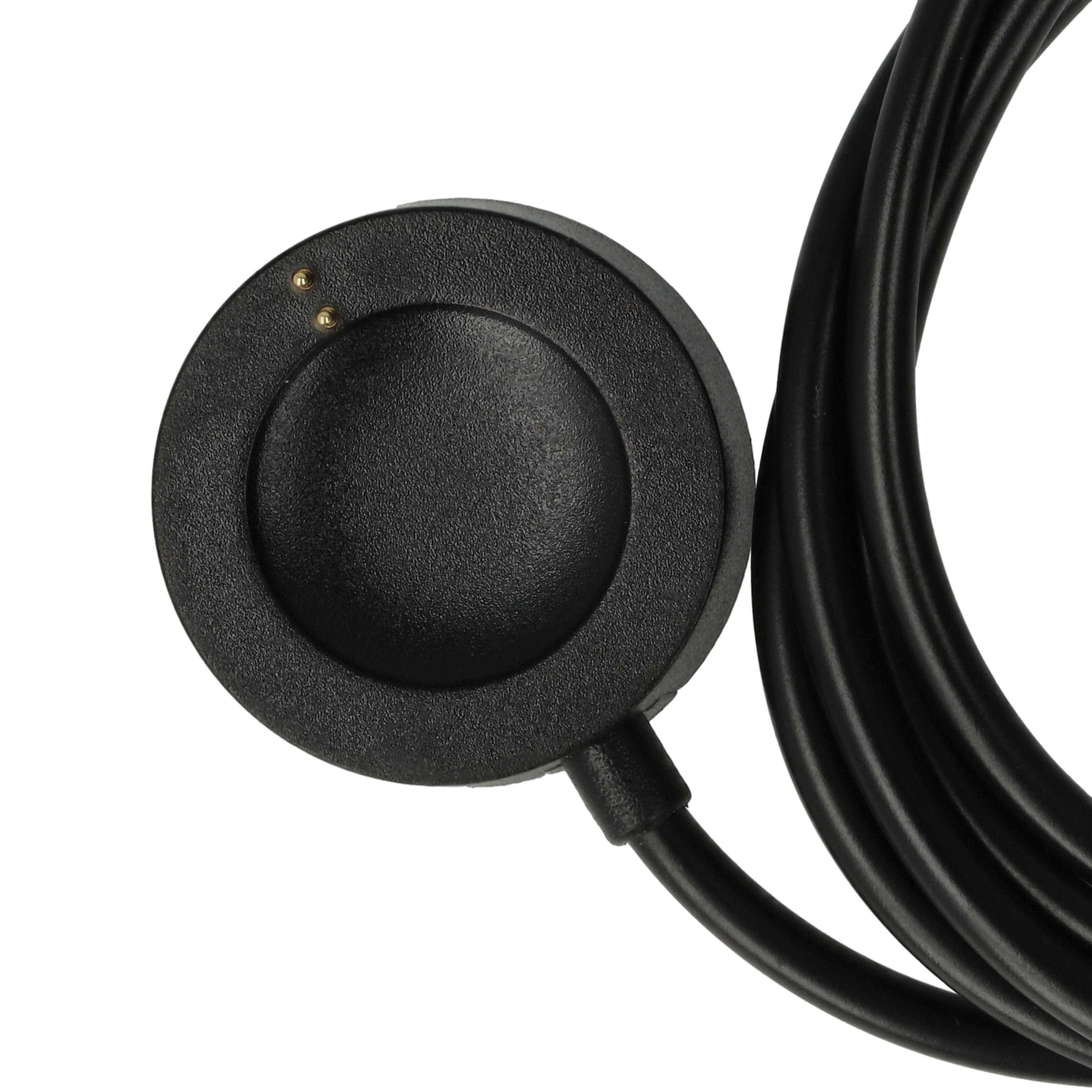Ein schwarzes Smartwatch-Ladegerät auf weißem Hintergrund. Es hat eine kreisförmige Ladestation und ein schwarzes Kabel.