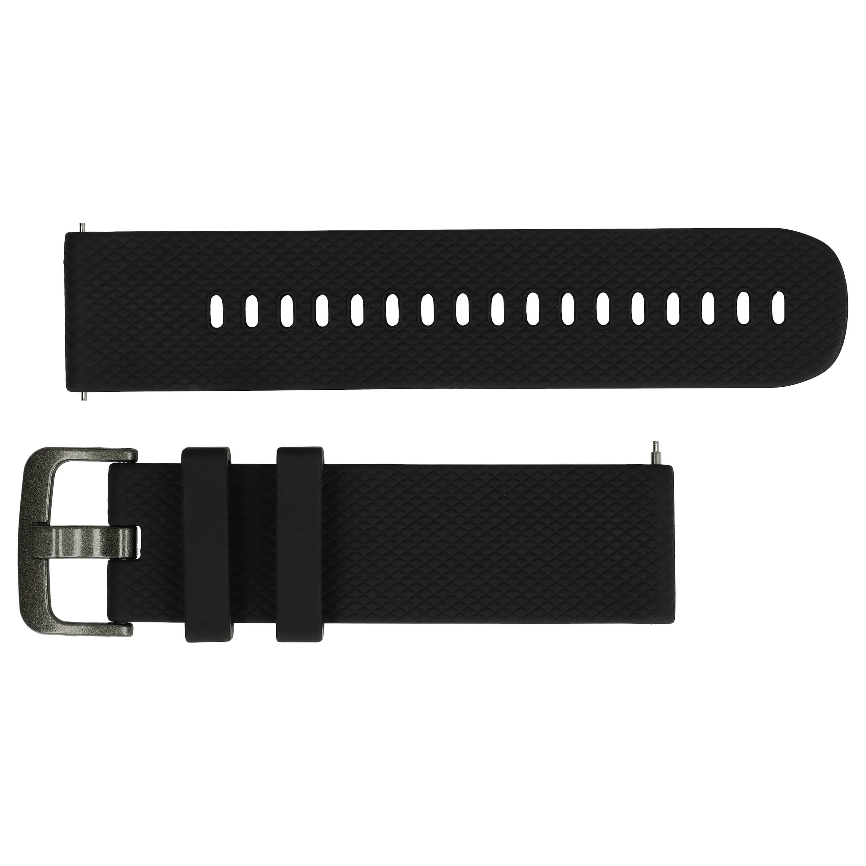 Schwarzes Uhrenarmband. Oberteil hat Löcher. Unterteil hat eine Schnalle. Beide Teile auf weißem Hintergrund.