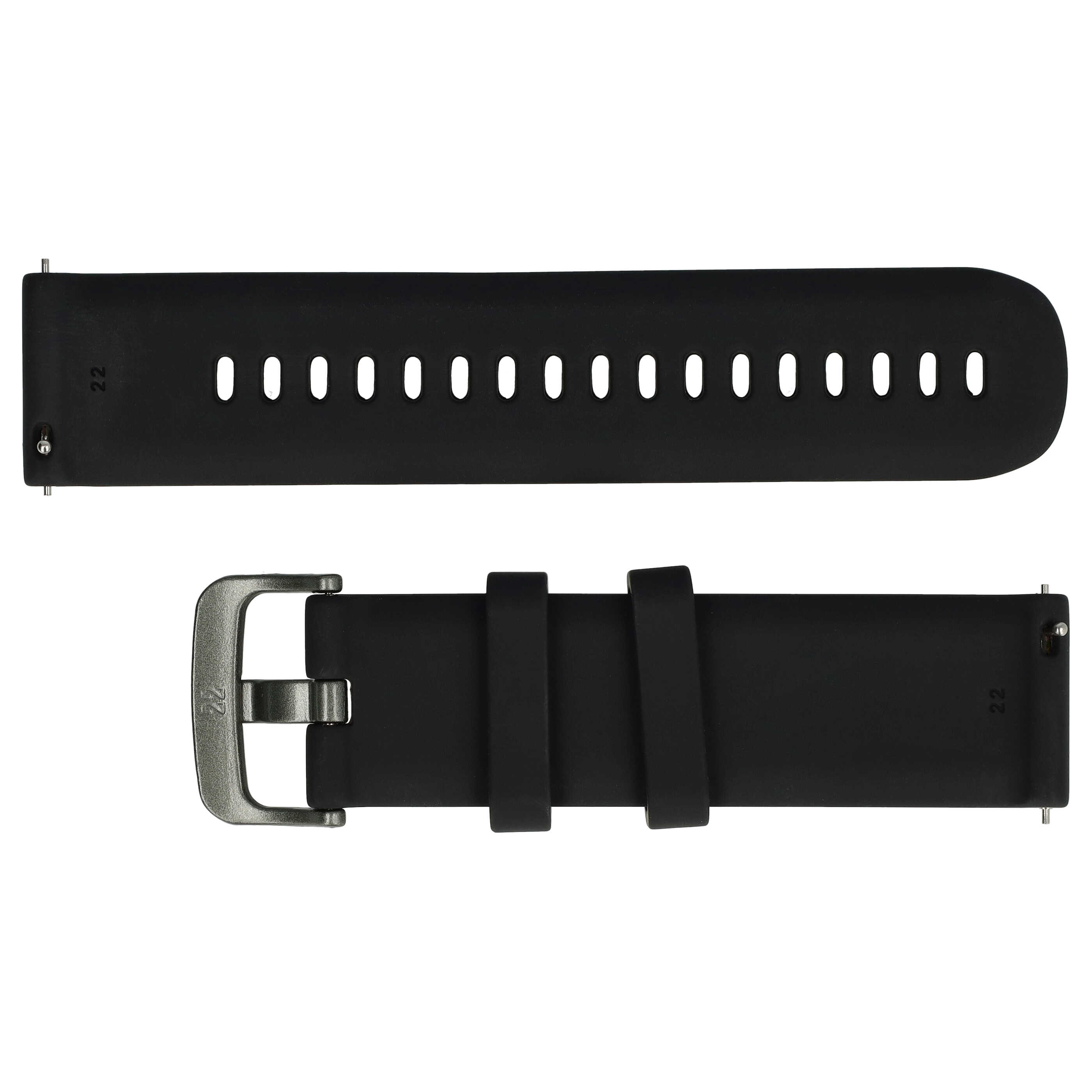 Zwei schwarze Uhrenarmbänder. Eines hat Löcher, das andere eine Schnalle und zwei Schlaufen. Beide haben die Zahl 22.