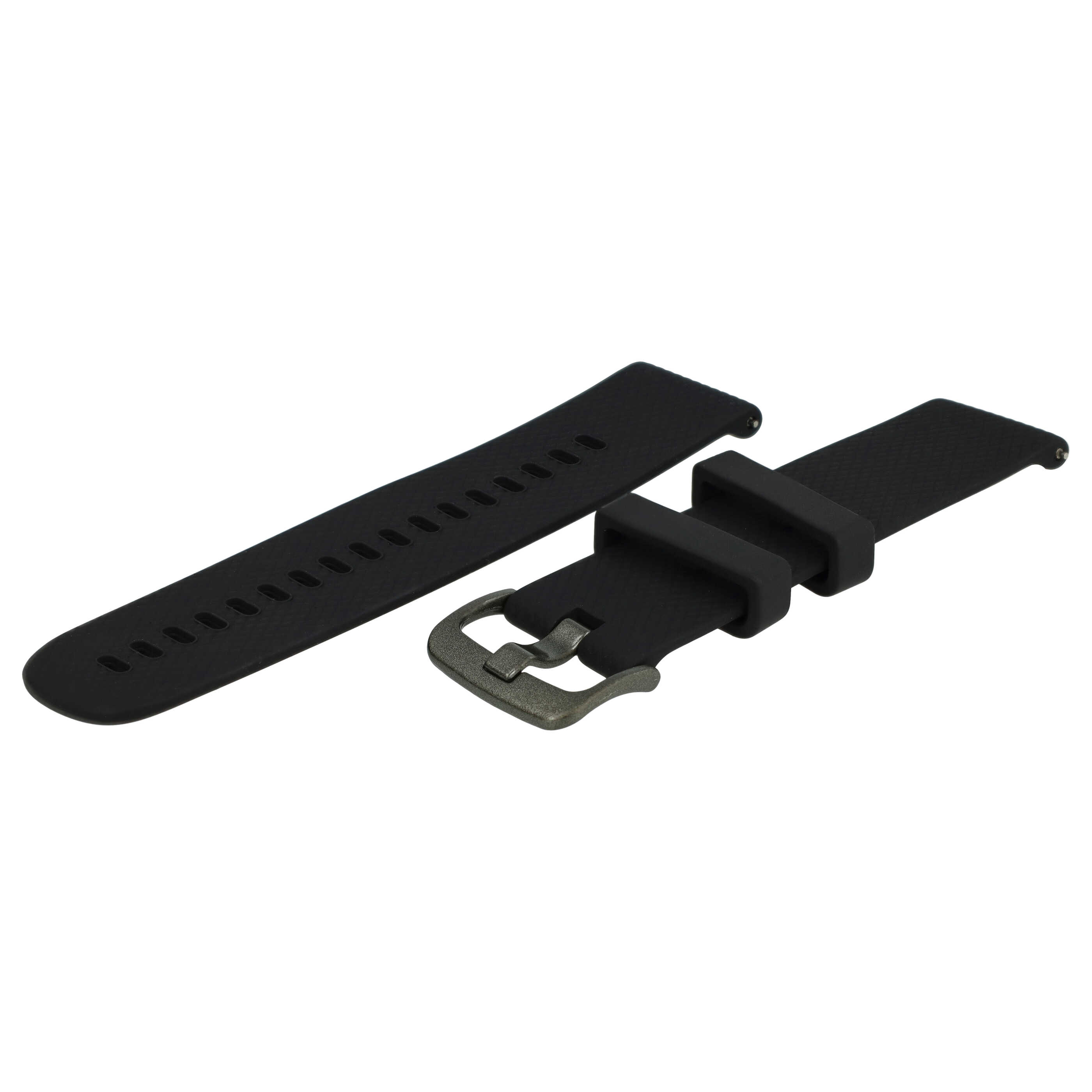 Schwarzes Uhrenarmband mit Schnalle, auf weißem Hintergrund ausgebreitet.