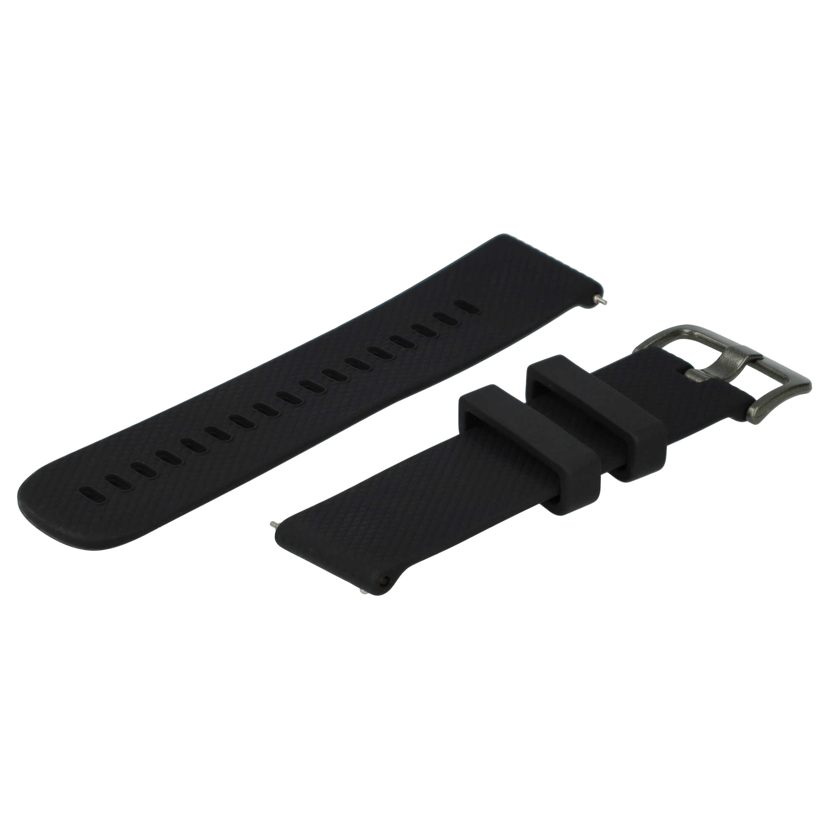 Ein schwarzes Armband mit Schnalle liegt auf weißem Grund. Das Armband ist zweiteilig.