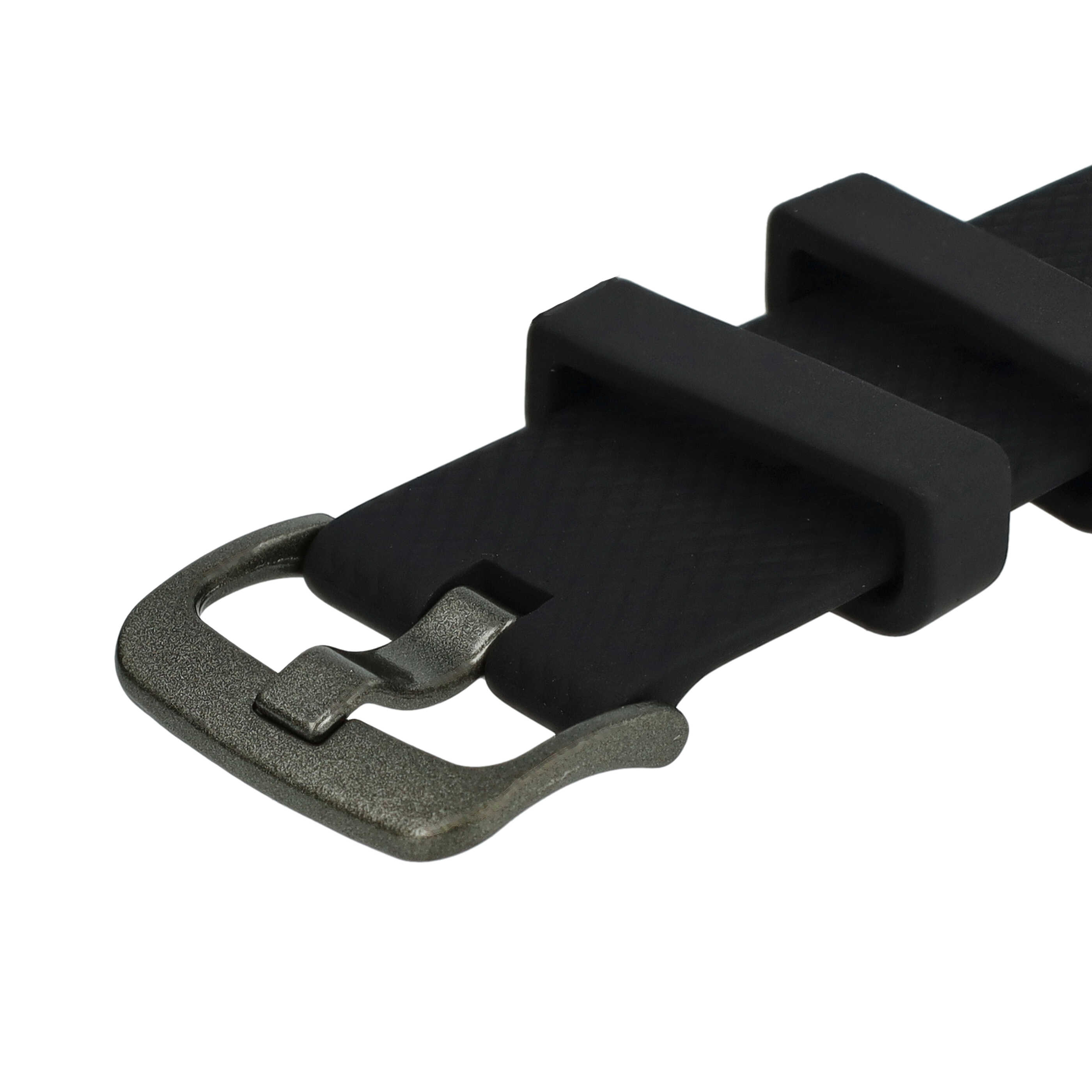Nahaufnahme eines schwarzen Uhrenarmbands mit silberner Schnalle, vor weißem Hintergrund.
