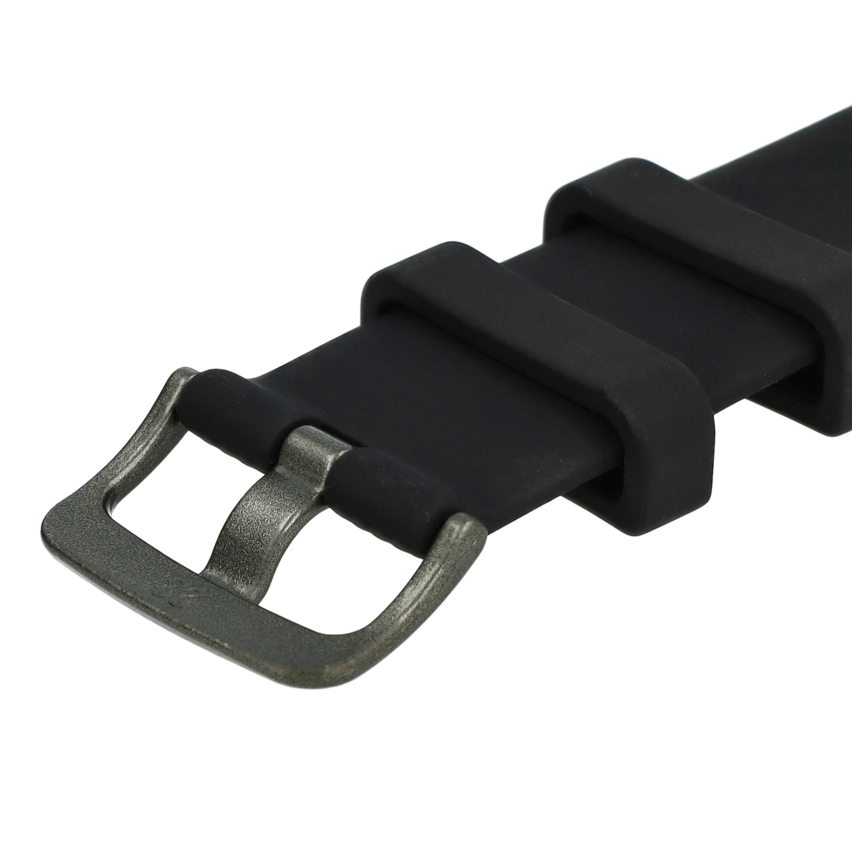 Nahaufnahme eines schwarzen Uhrenarmbands mit silberfarbener Schnalle auf weißem Hintergrund.
