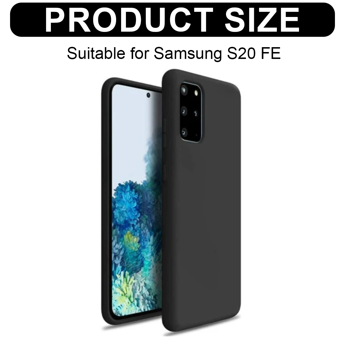 Schwarze Handyhülle für Samsung S20 FE. Das Telefon wird mit eingeschaltetem Bildschirm mit blau-weißem Bild angezeigt.