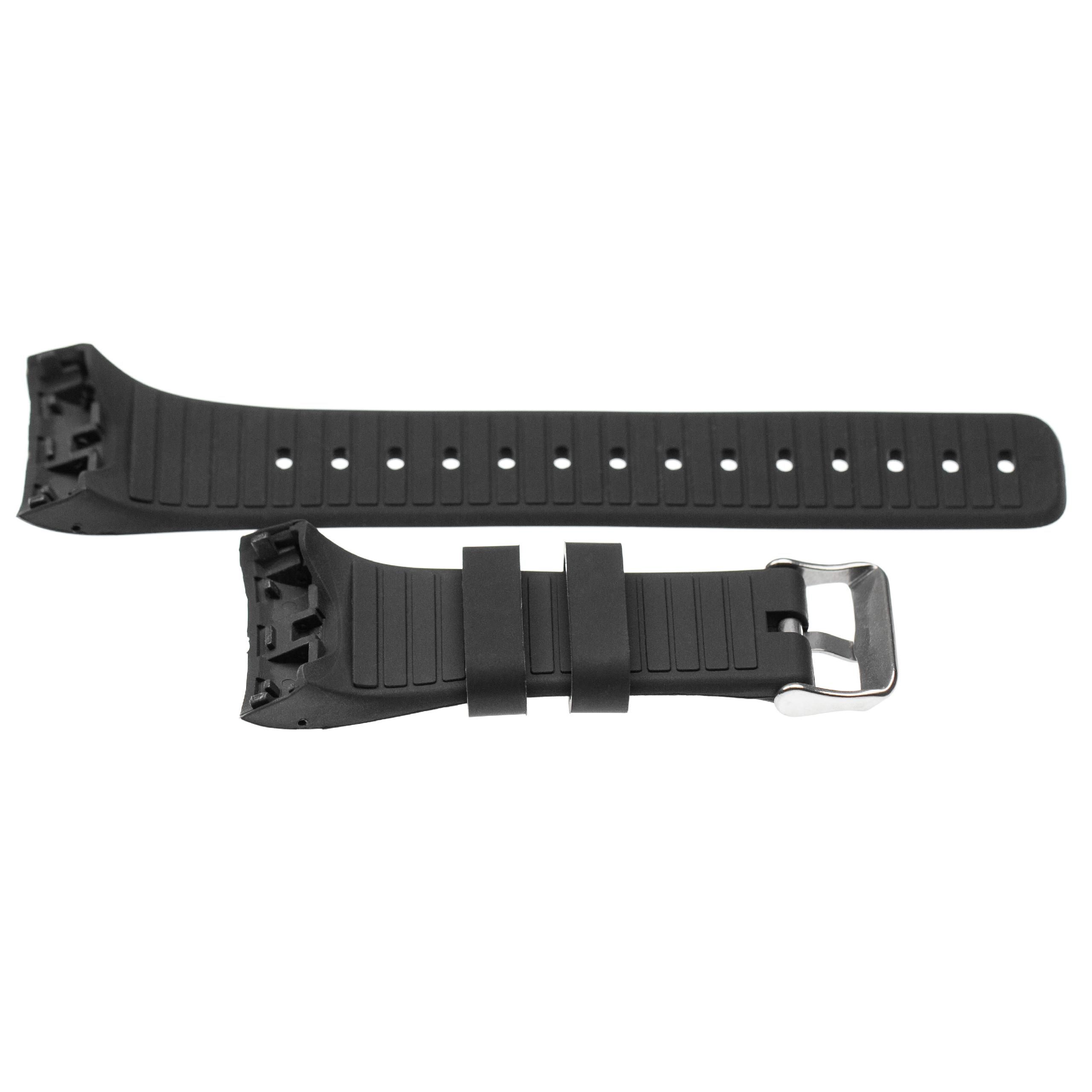 Zwei schwarze Uhrenarmbänder auf weißem Hintergrund. Eines hat Löcher, das andere eine Schnalle.