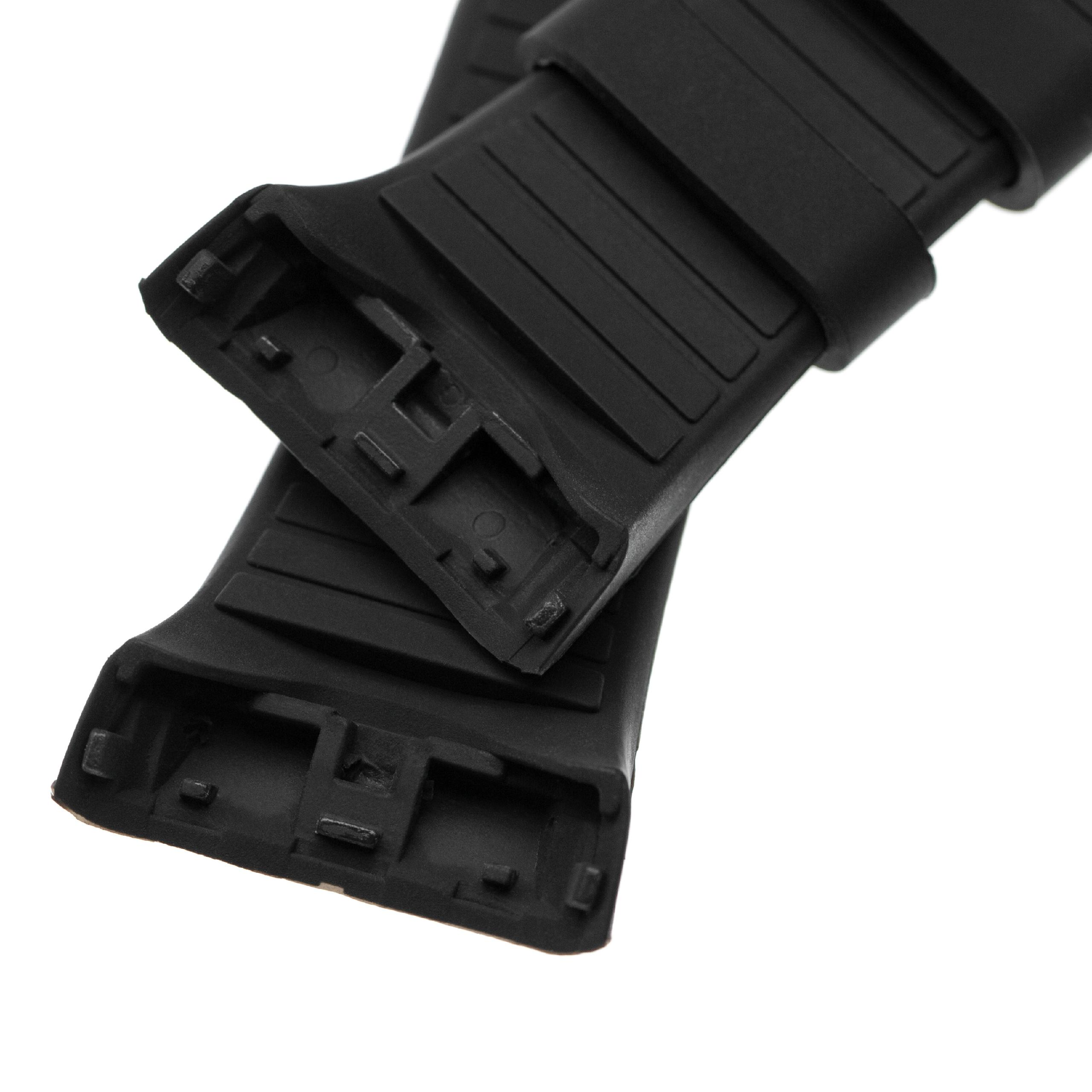 Zwei schwarze Uhrenarmbänder auf weißem Hintergrund. Jedes hat ein rechteckiges Ende mit verschiedenen Kerben und Löchern.