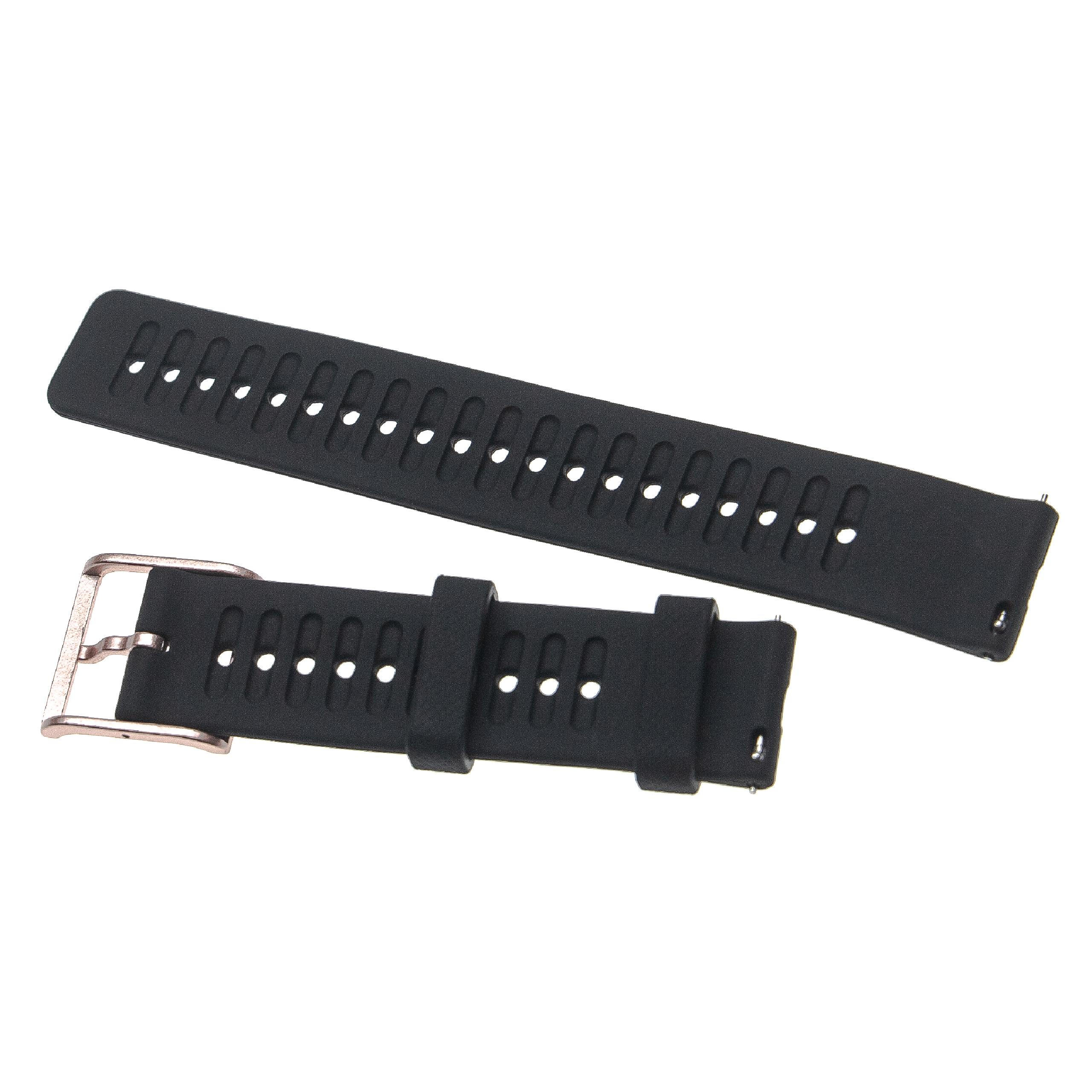 Zwei schwarze Uhrenarmbänder auf Weiß. Eines hat eine roségoldene Schnalle.