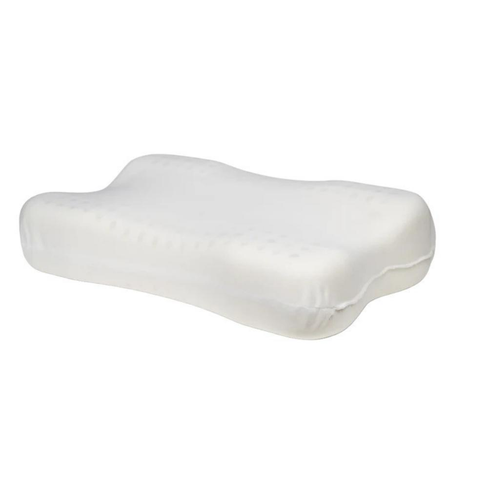 Ein weißes Memory-Foam-Kissen. Es ist für die Nackenstütze konturiert. Das Kissen befindet sich auf weißem Hintergrund, gut beleuchtet und isoliert.