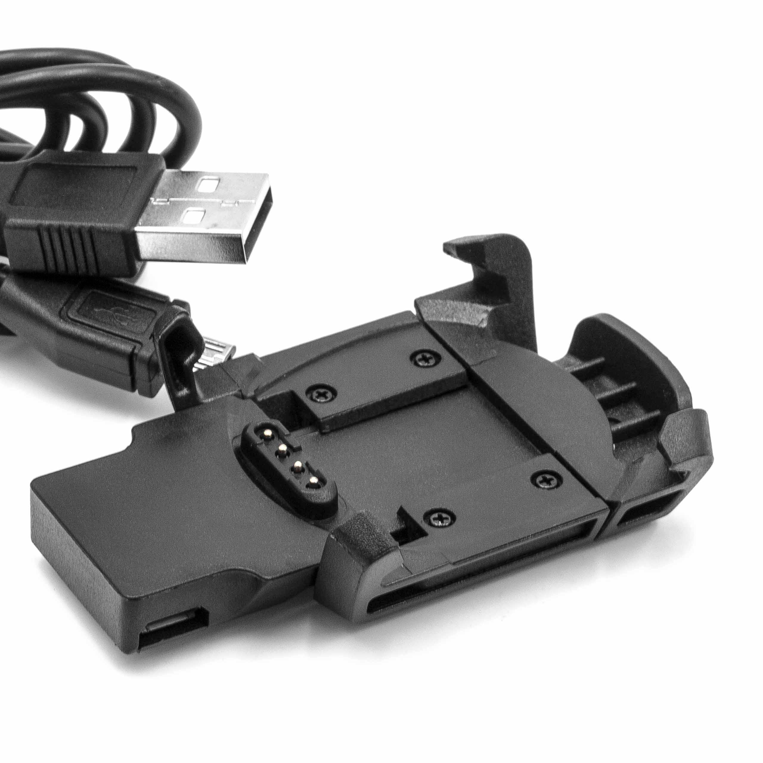 Eine schwarze Ladestation mit angeschlossenem USB-Kabel. Die Dockingstation hat eine rechteckige Form und einen weißen Hintergrund.