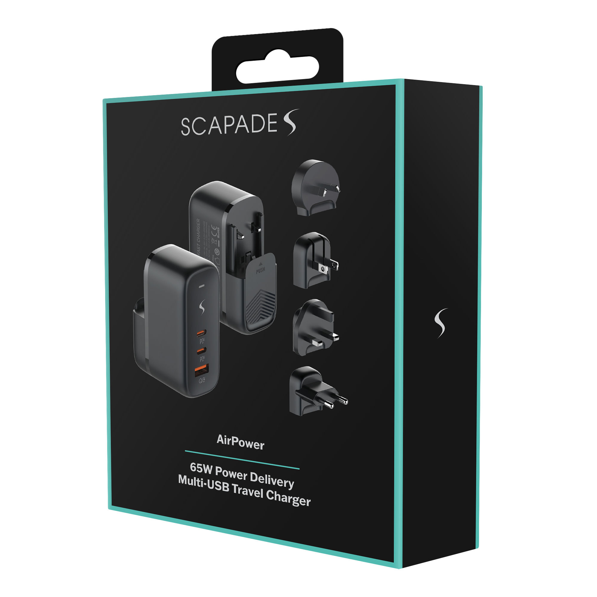 Eine schwarze Reisegerätebox mit dem Markennamen 'SCAPADES'. Sie zeigt das Ladegerät, seine Adapter und Spezifikationen.