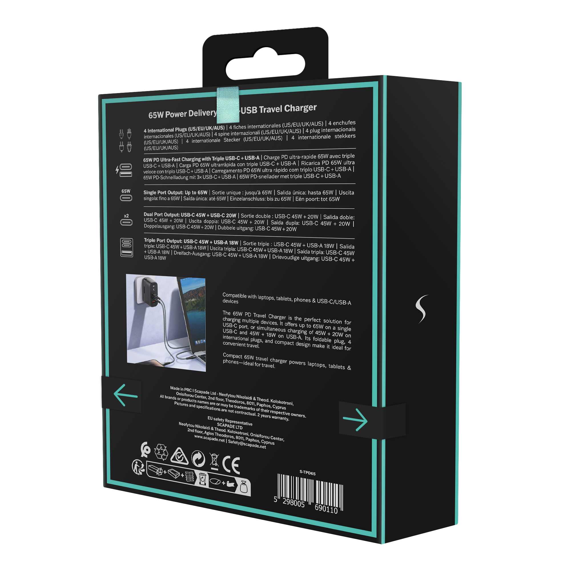 Schwarze und türkisfarbene Box zeigt ein USB-Reiseladegerät mit Text und Symbolen, schräge Ansicht.