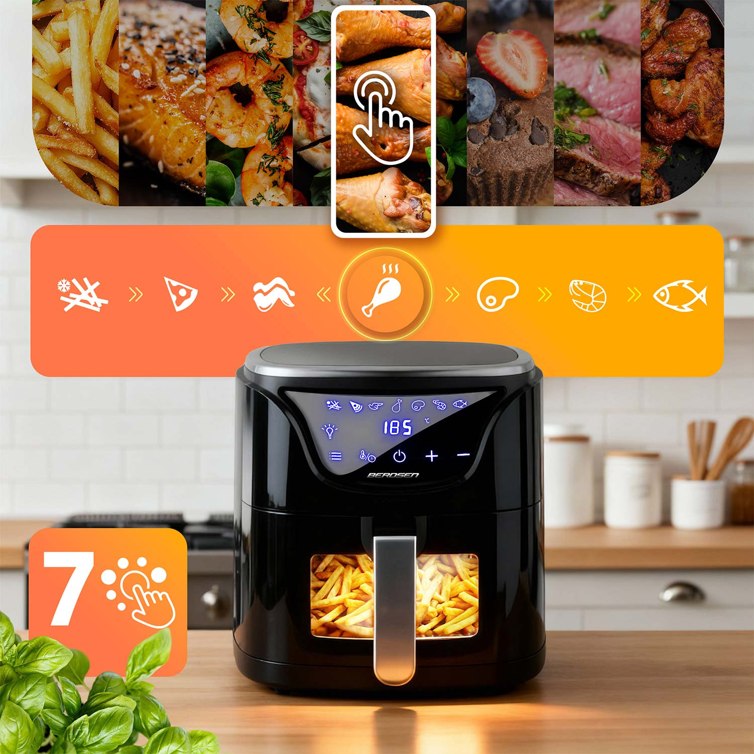 Czarna frytkownica powietrzna z cyfrowym wyświetlaczem. Ikony jedzenia powyżej. Zdjęcia jedzenia: frytki, łosoś, krewetki, kurczak, stek i skrzydełka.