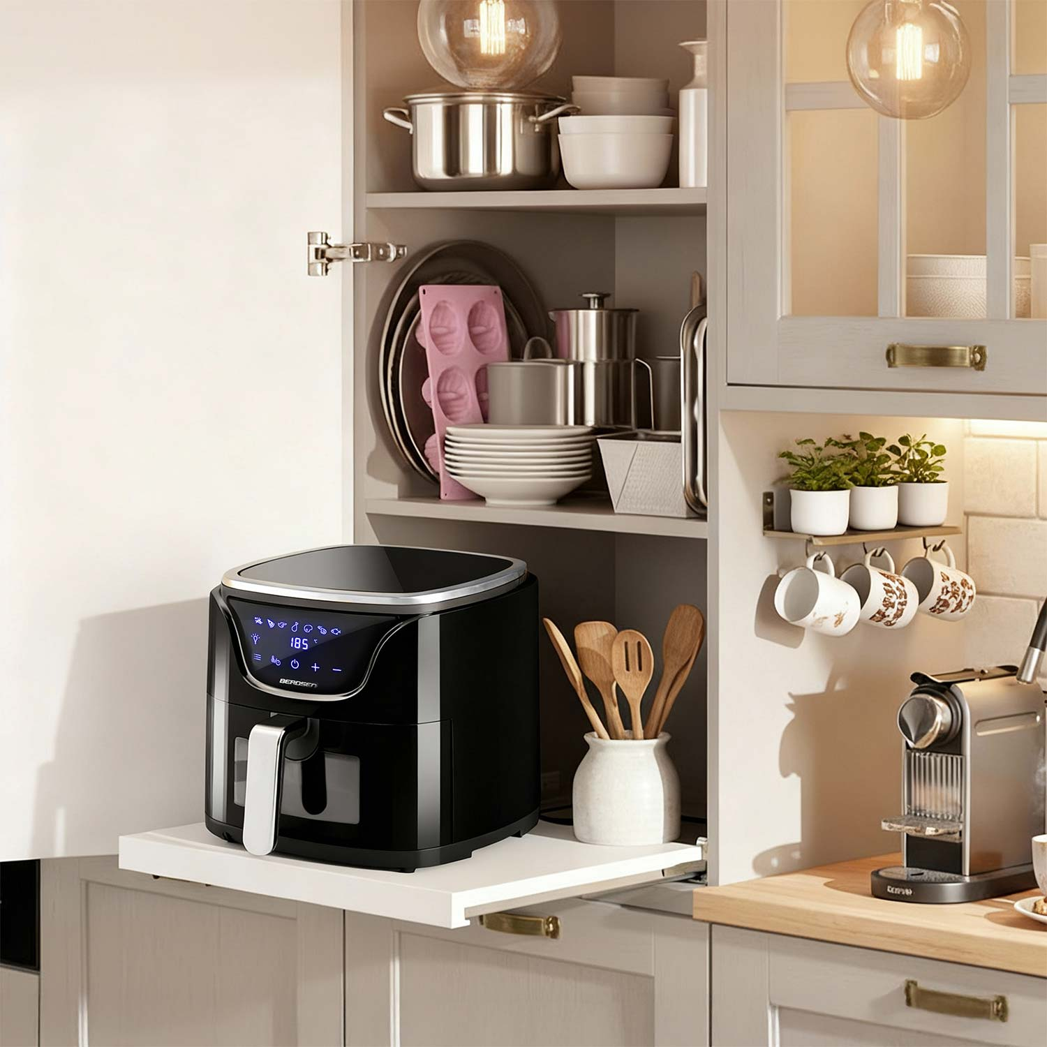 Czarna frytkownica na białej półce. Szafka kuchenna z naczyniami, garnkami i przyborami. Ekspres do kawy i kubki również obecne.