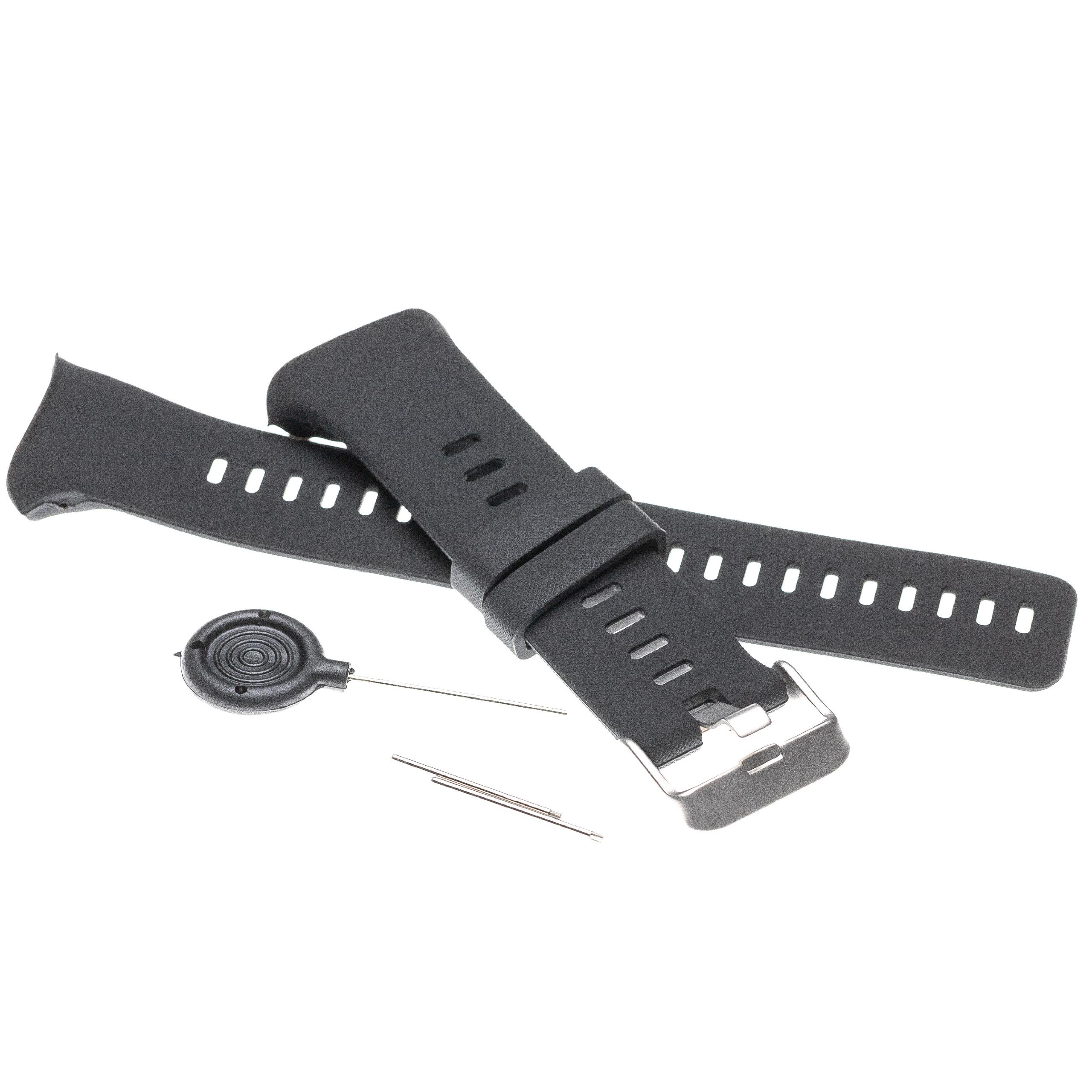 Schwarzes Uhrenarmband mit Schnalle, Werkzeug und Stiften auf weißem Hintergrund. Band hat Löcher.