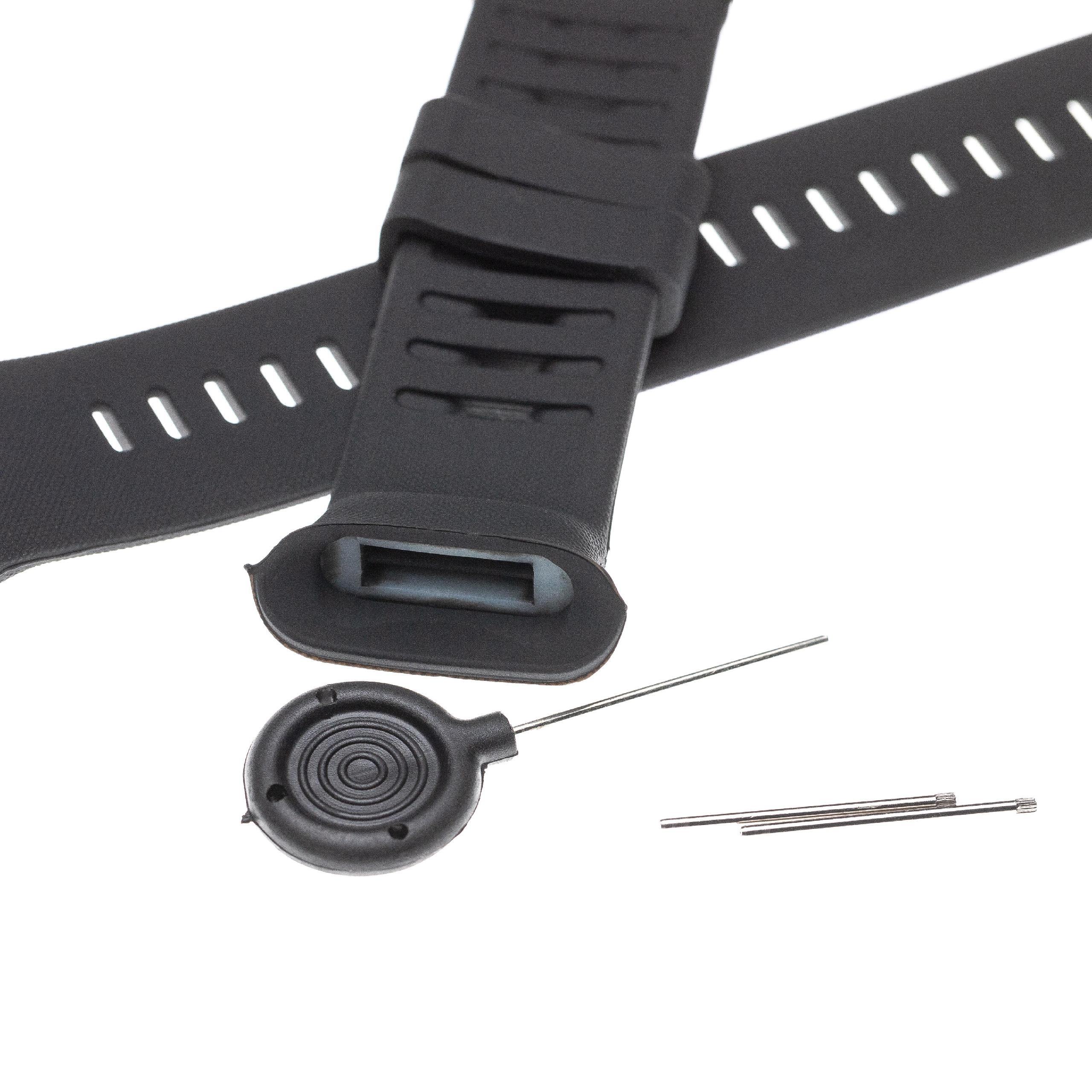Schwarzes Uhrenarmband, Werkzeug und Stifte auf weißer Oberfläche. Das Armband ist abgenommen.