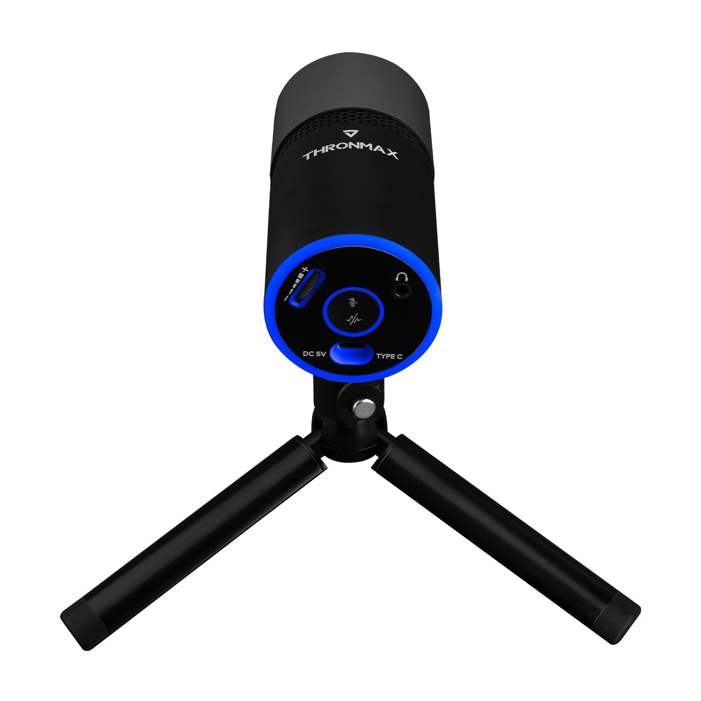 Un microfono Thronmax nero e blu su un treppiede. Ha una luce blu e dei pulsanti. Lo sfondo è bianco.