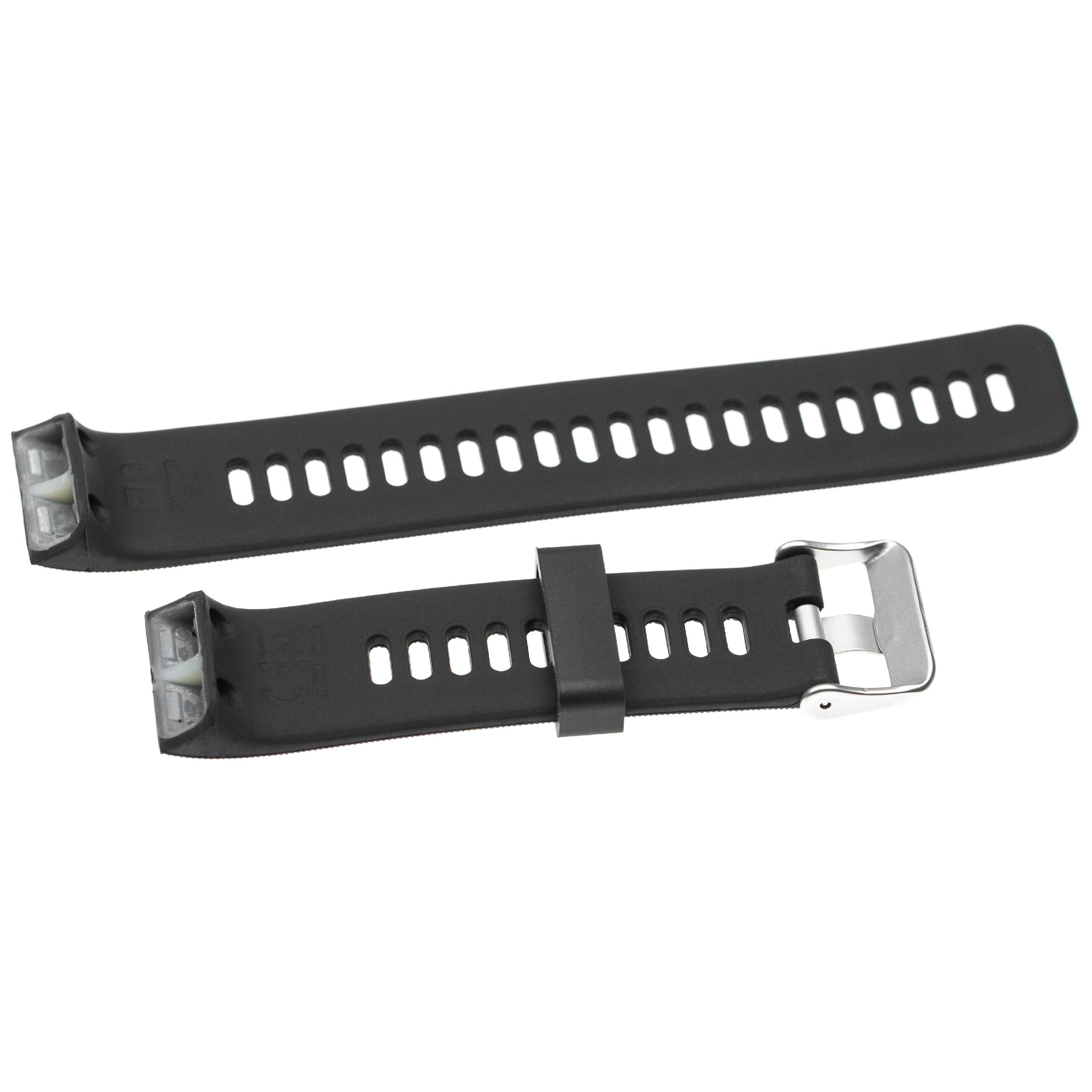 Zwei schwarze Uhrenarmbänder, eines mit Schnalle, liegen auf weißem Hintergrund. Jedes Band hat Löcher.