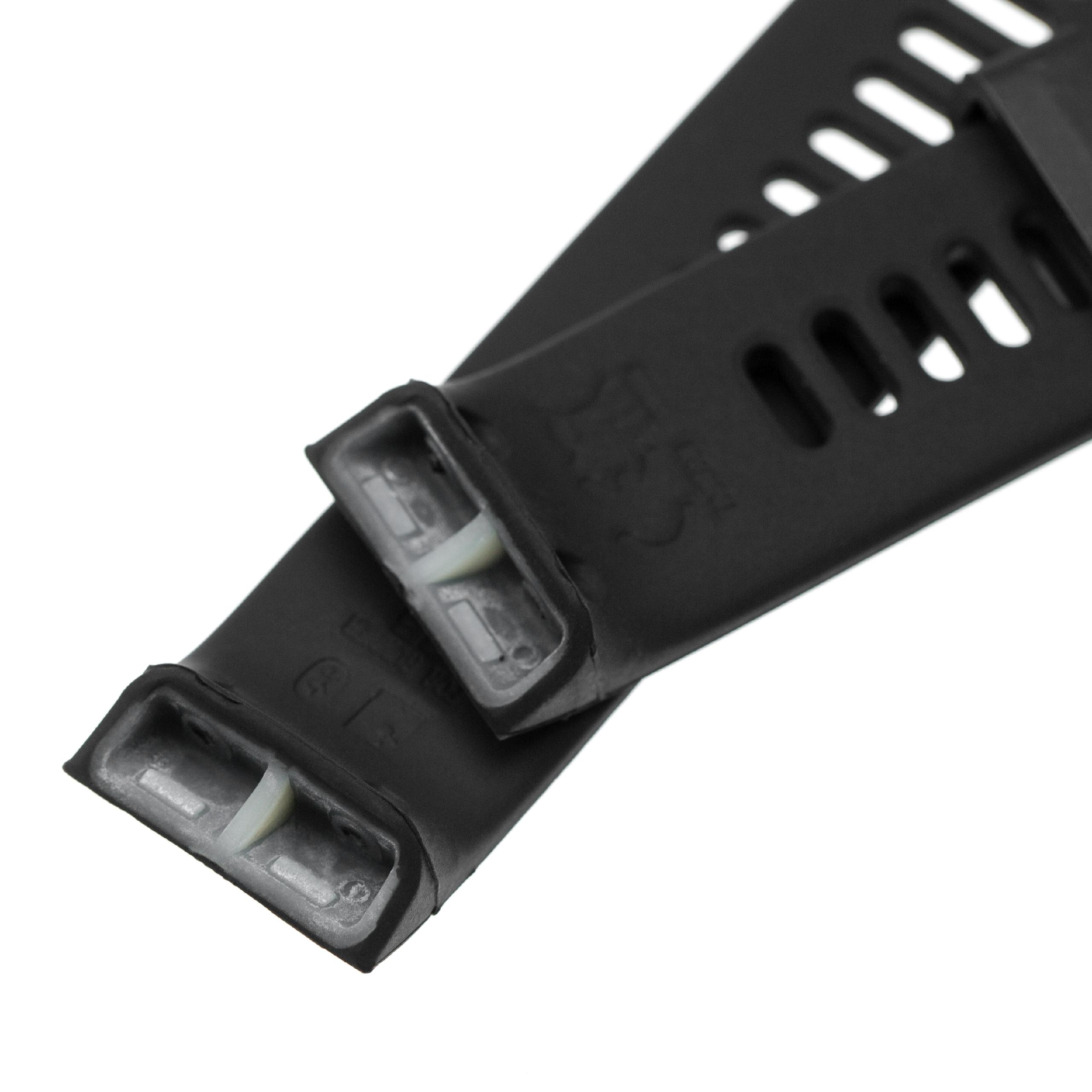 Nahaufnahme von schwarzen Uhrenarmbändern mit weißen Steckern, isoliert auf weißem Hintergrund.