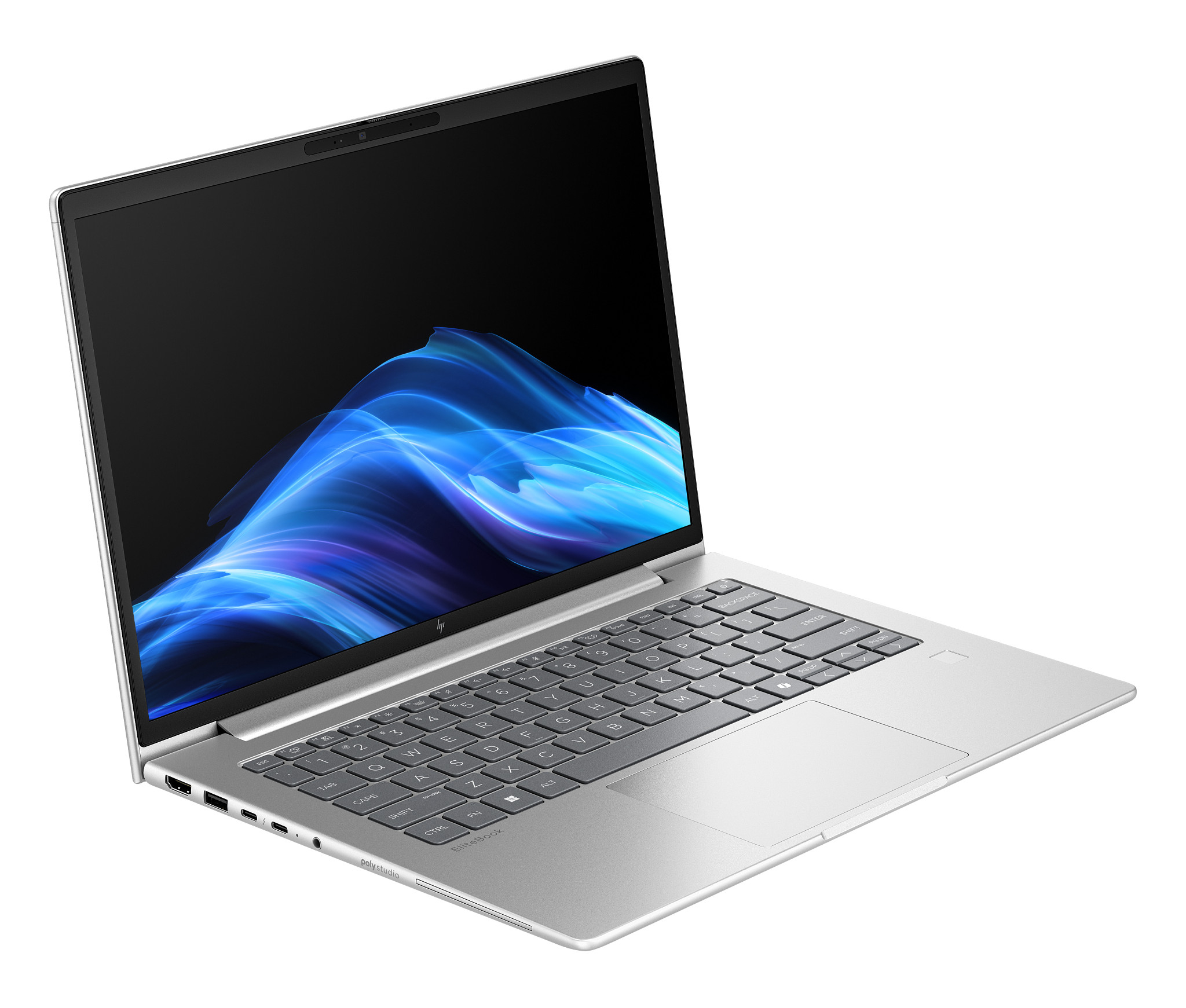 Zilveren laptop met zwart scherm met blauwe abstracte kunst. Toetsenbord en touchpad zichtbaar. Witte achtergrond.