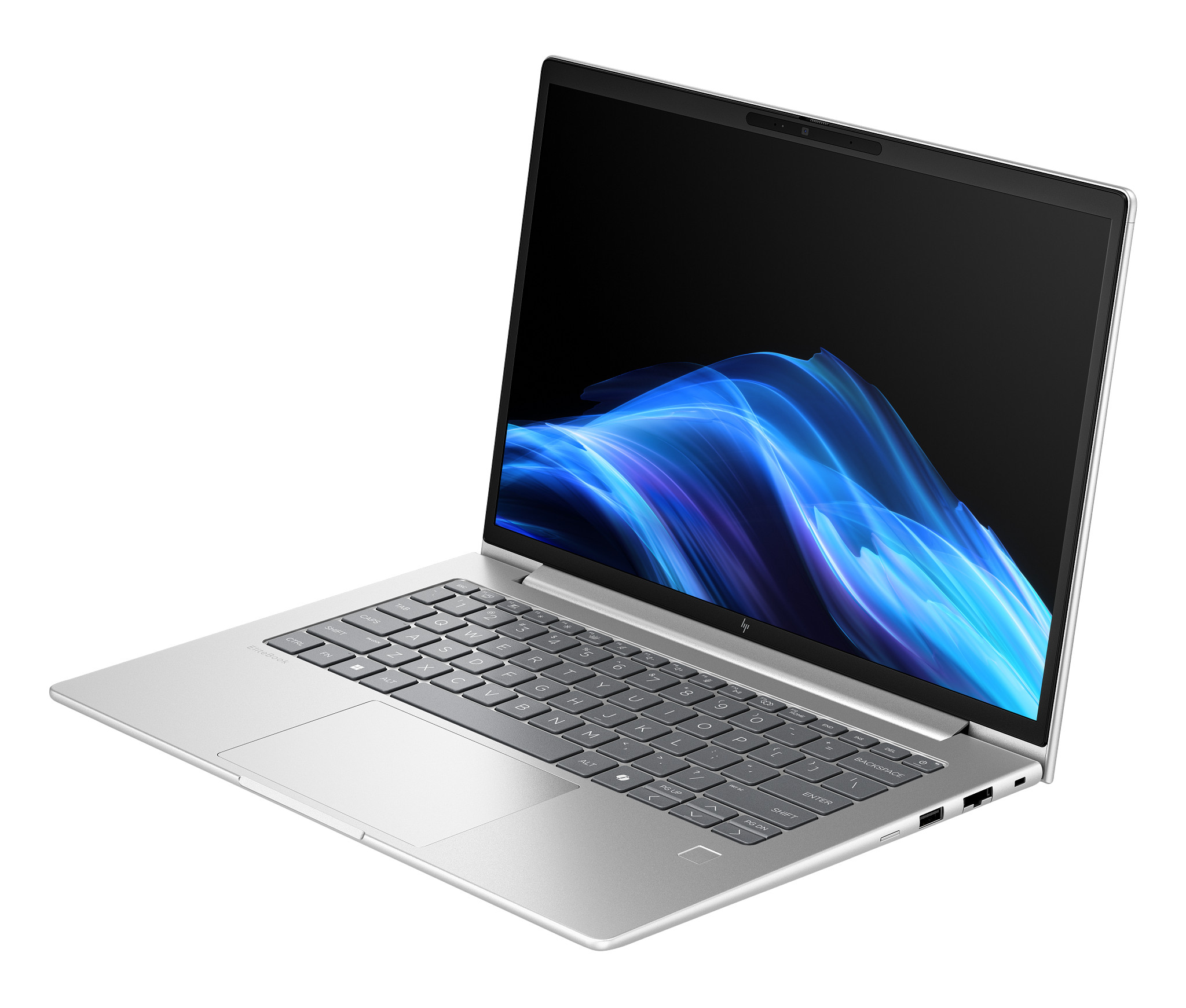 Zilveren laptop met open scherm met blauw abstract ontwerp. Toetsenbord zichtbaar. De laptop staat op een wit oppervlak.