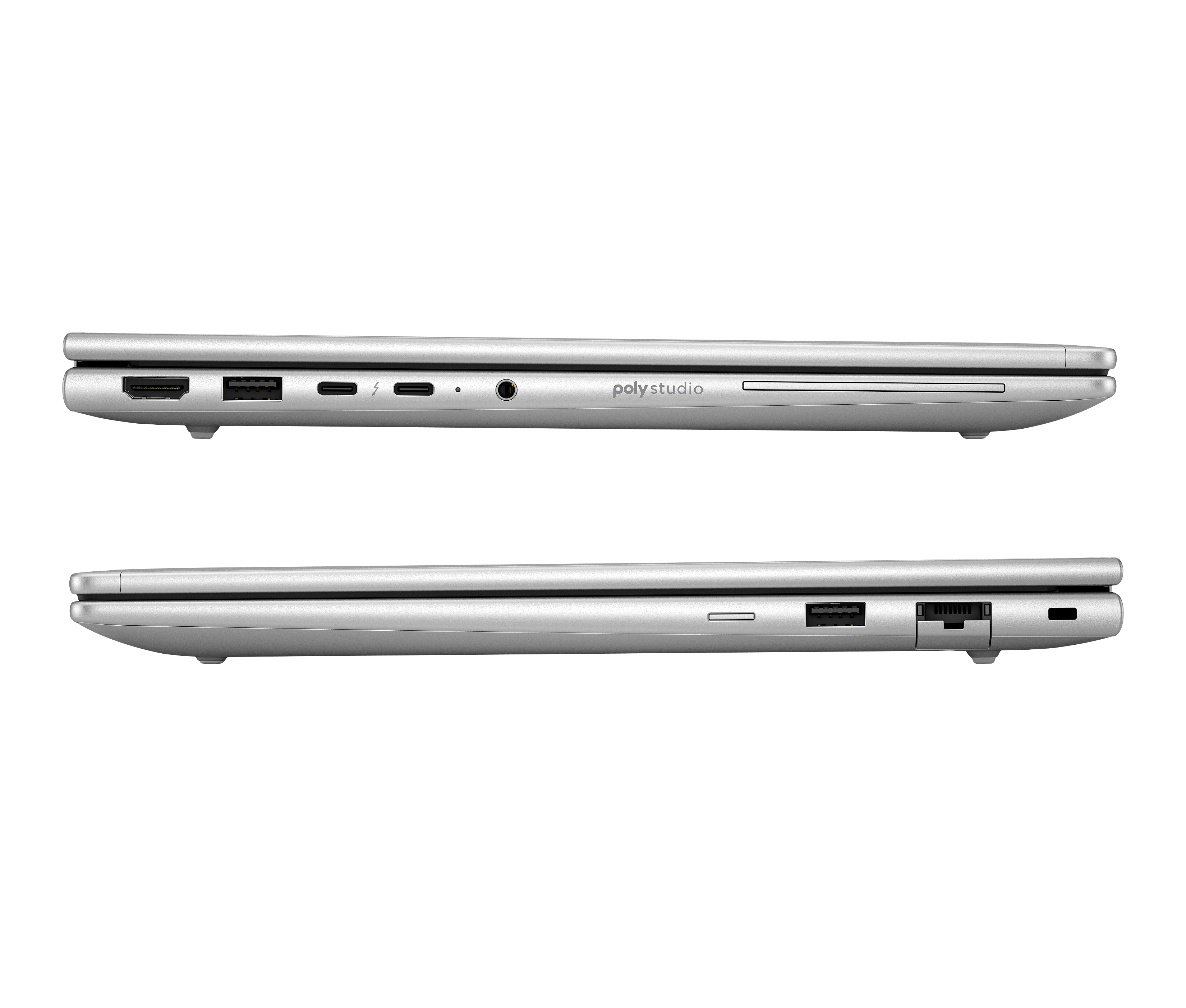 Vista laterale di un laptop argentato, con porte come HDMI, USB e USB-C. Il marchio è 'poly studio'.