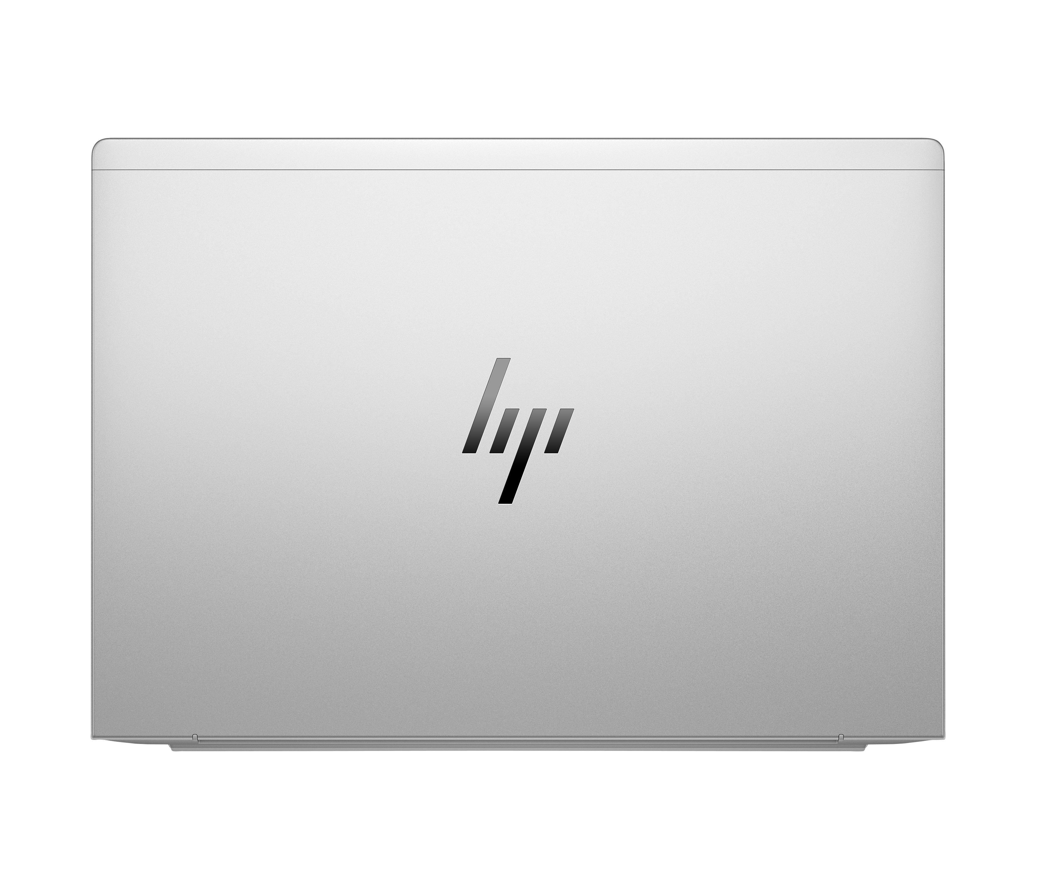 Coperchio di laptop argentato con logo HP nero centrato. La superficie è strutturata e riflettente.