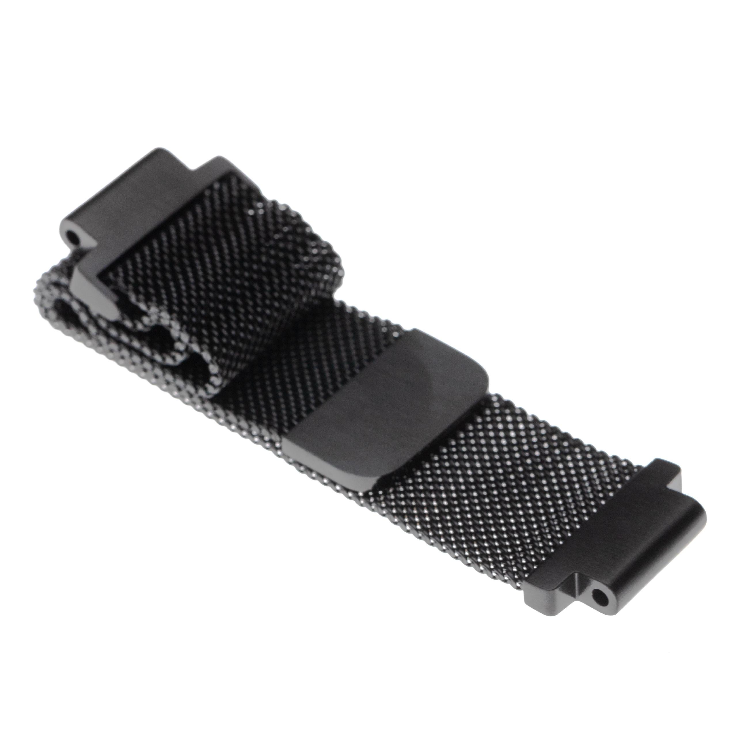 Nahaufnahme eines schwarzen Uhrenarmbands. Das Armband besteht aus einem Mesh-Material und hat einen Magnetverschluss.