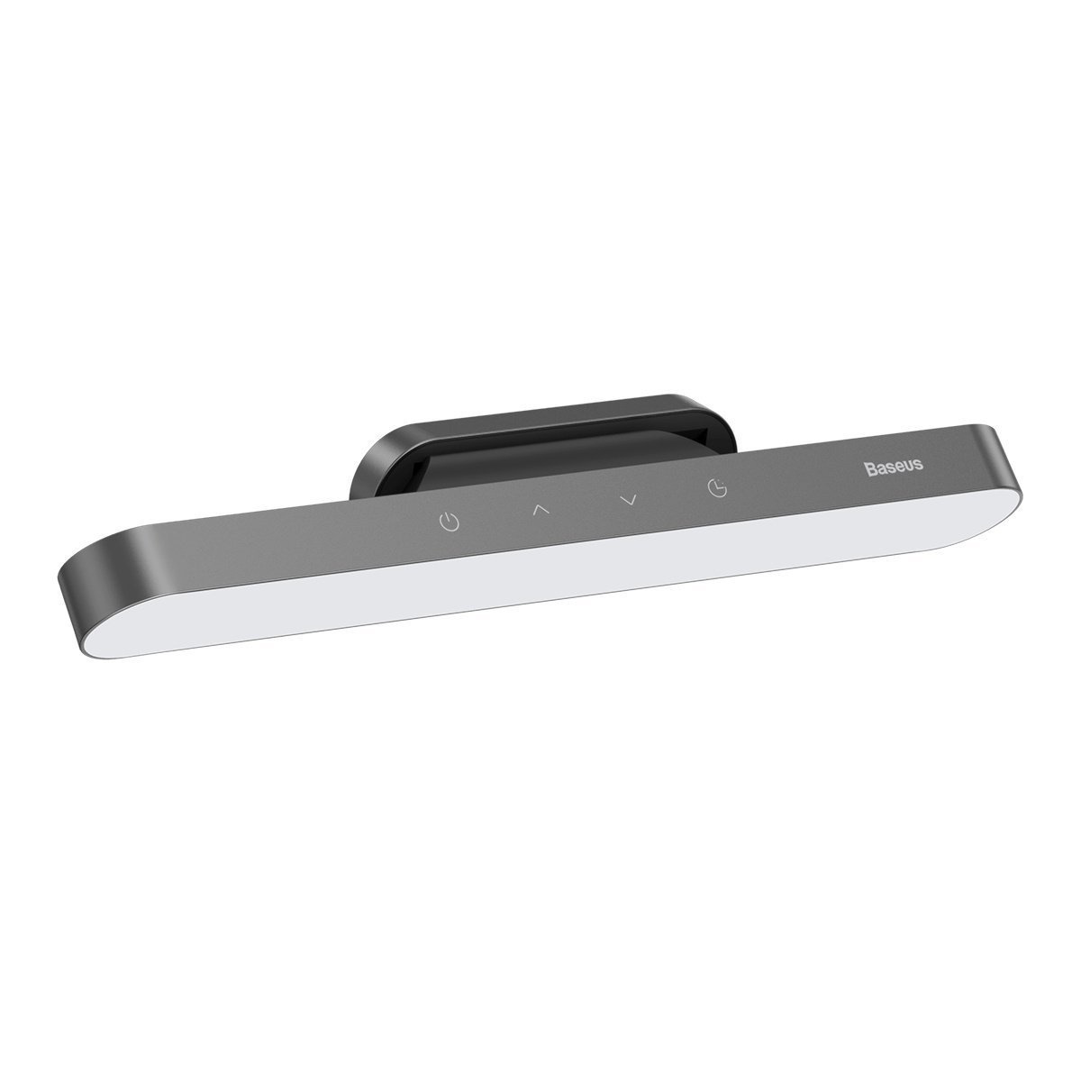 Een grijze Baseus lamp. Het heeft een wit licht. Het heeft stroom- en pijlpictogrammen. De lamp staat op een witte achtergrond.