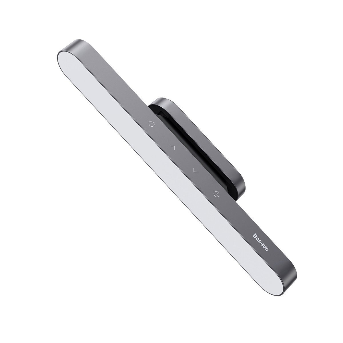 Een grijze Baseus LED-lamp op een witte achtergrond. Het heeft aan/uit- en helderheidsknoppen. De lamp heeft een rechthoekige vorm.