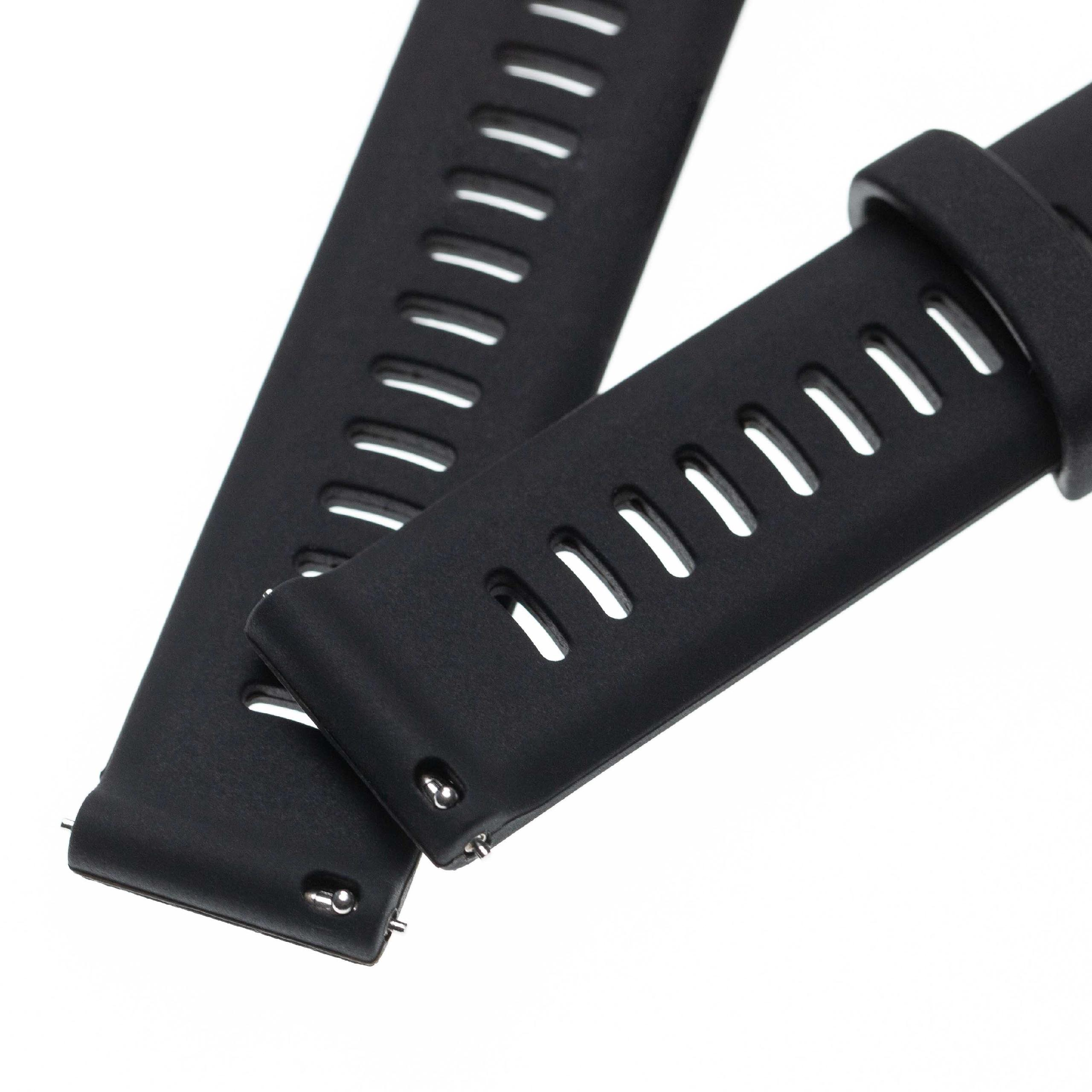 Zwei schwarze Uhrenarmbänder mit weißen Ausschnitten auf weißem Hintergrund. Eines hat einen Verschluss.