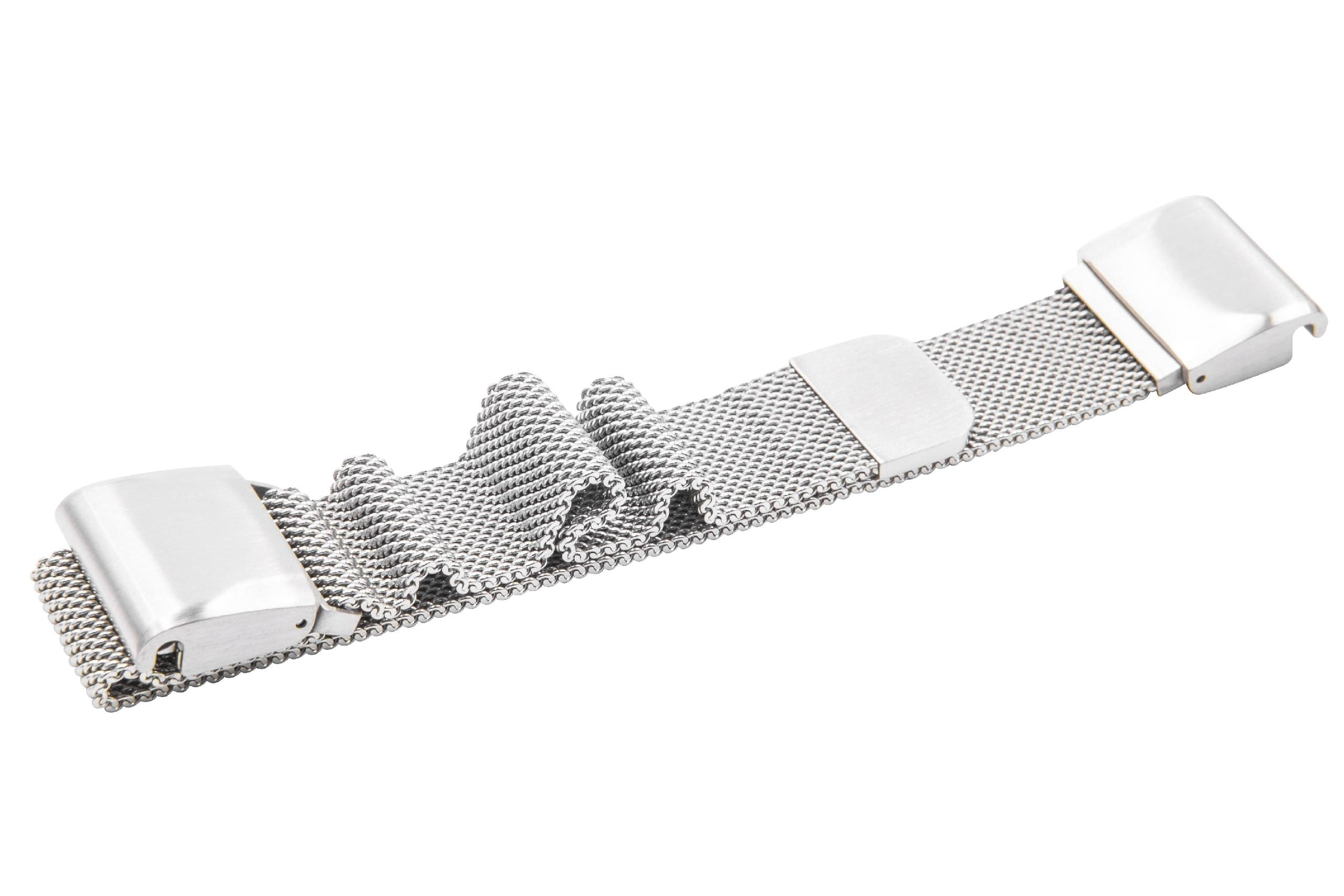 Ein silbernes Uhrenarmband liegt schräg, mit einem Mesh-Armband und Metallverschlüssen. Isoliert auf weißem Hintergrund.