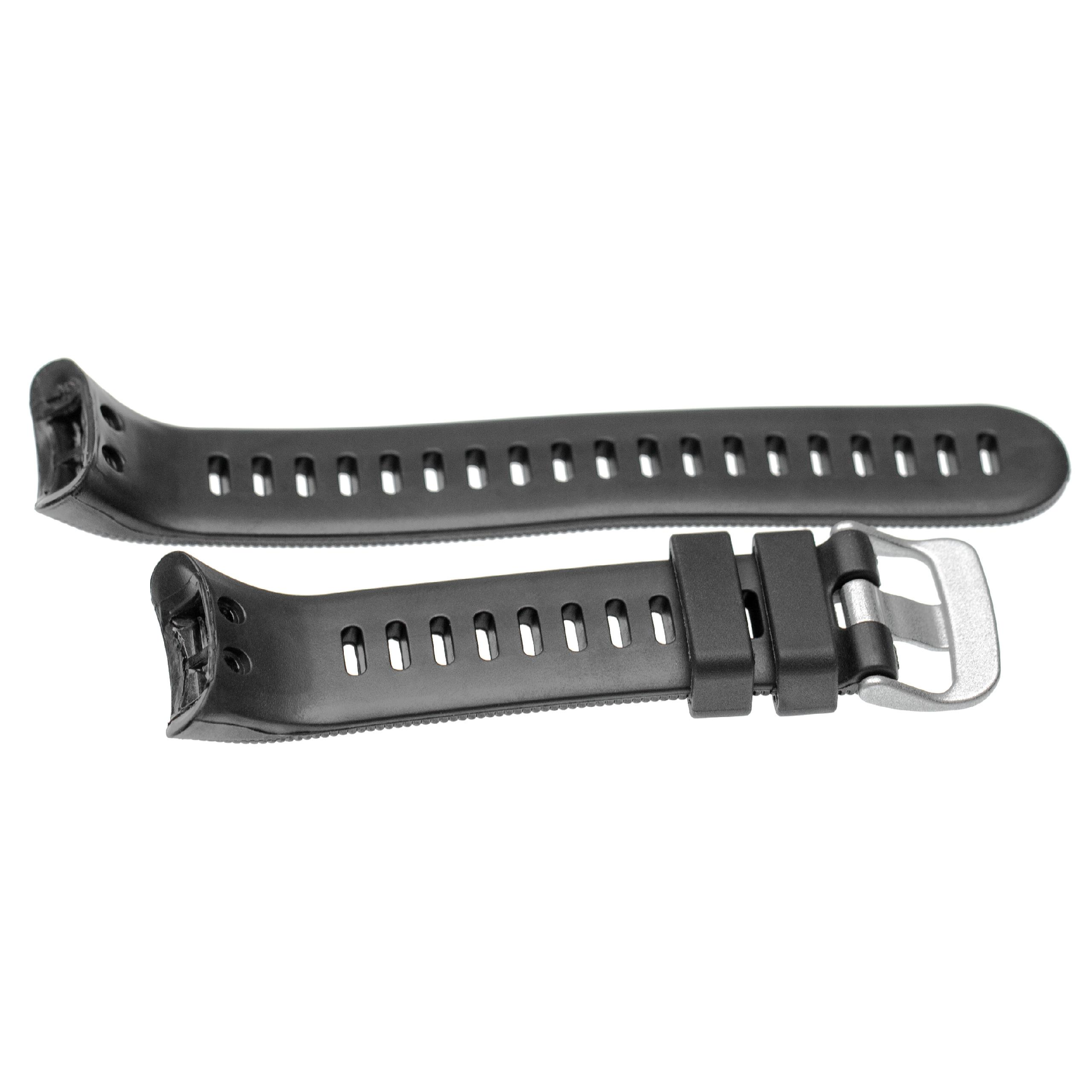 Zwei schwarze Uhrenarmbänder auf weißem Hintergrund. Eines ist komplett, das andere ist der obere Teil. Schnalle ist silber.