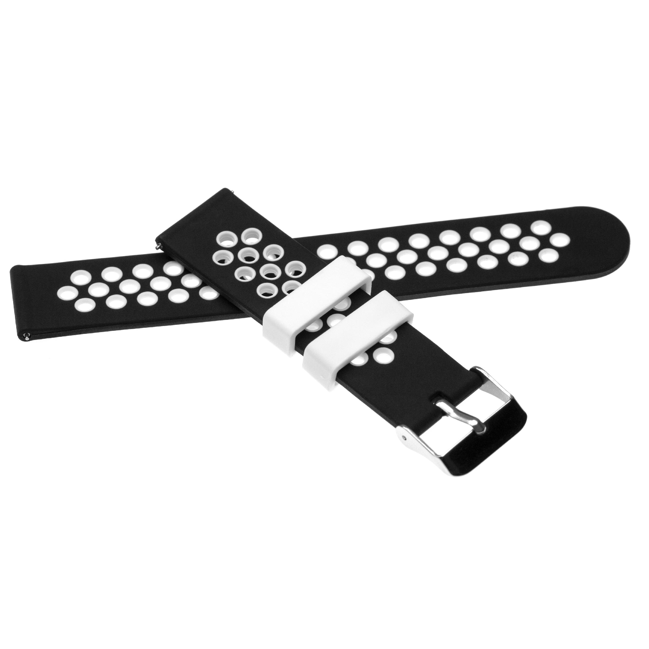Schwarzes Uhrenarmband mit weißen Akzenten und Löchern. Ein weißer Verschluss. Metallische Schnalle.
