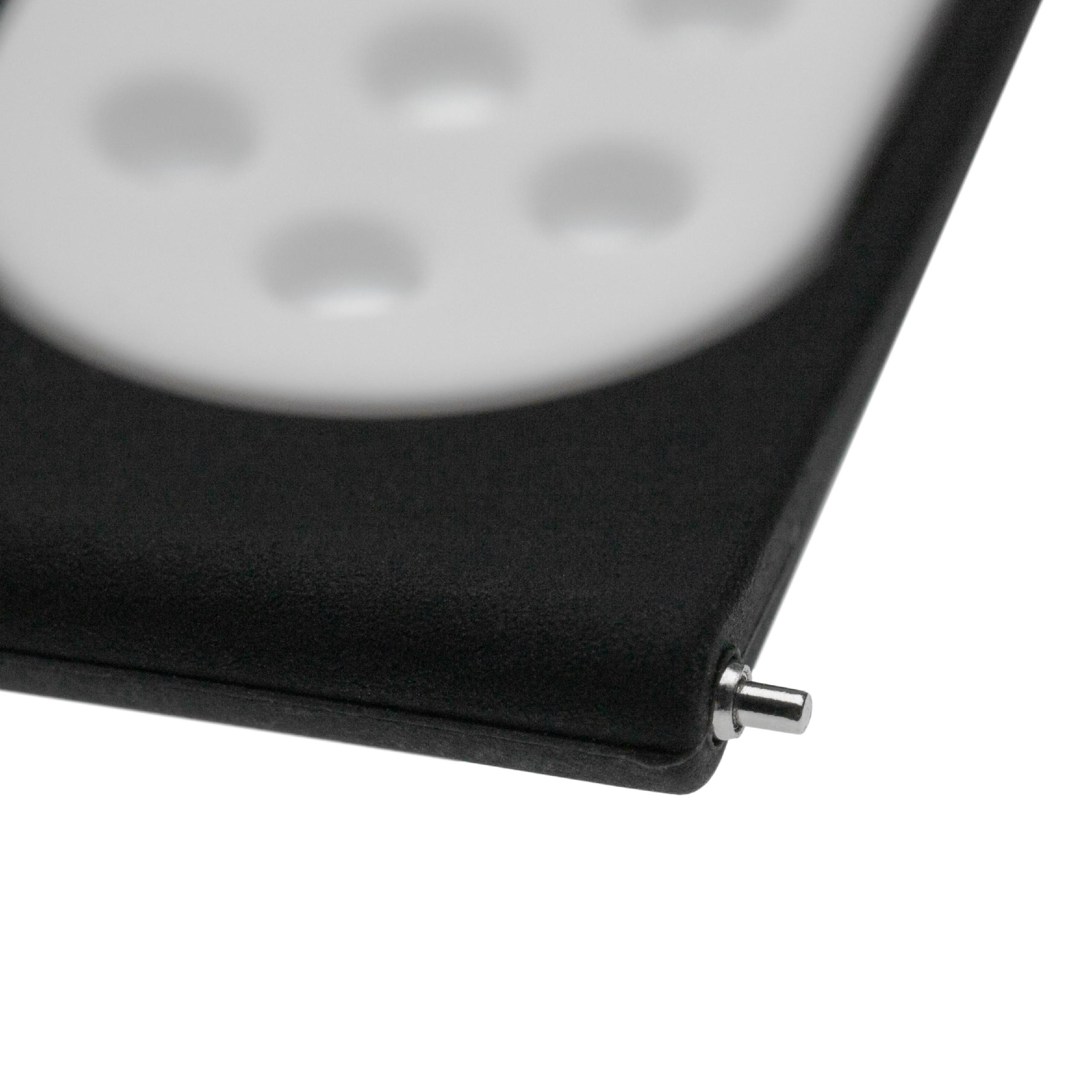 Nahaufnahme eines schwarzen Uhrenarmbands mit hellen, kreisförmigen Details. Ein silberner Stift ist sichtbar.