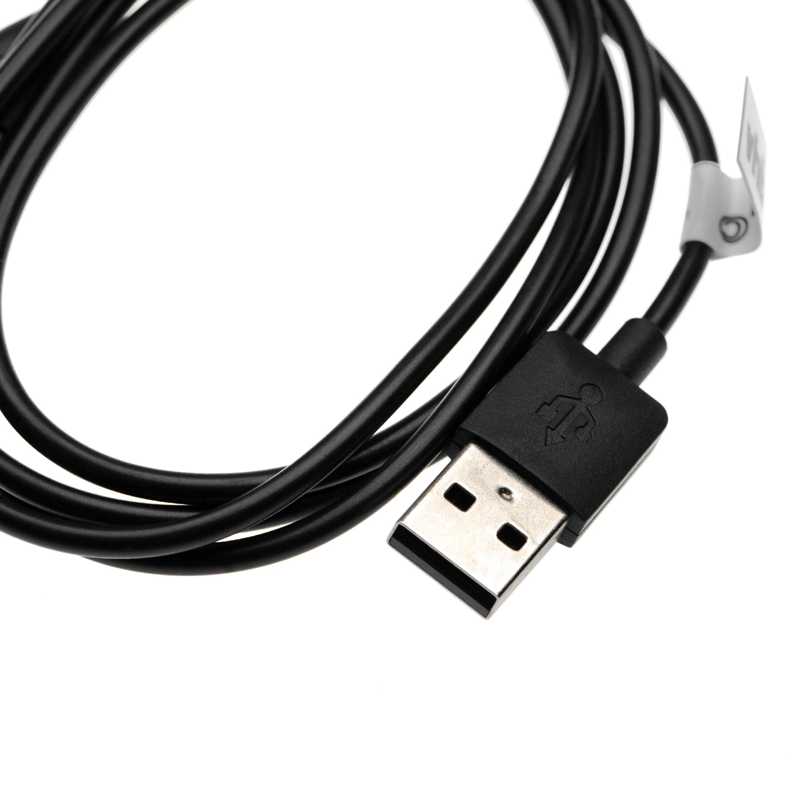 Ein schwarzes USB-Kabel mit einem USB-Anschluss am Ende, vor weißem Hintergrund. Das Kabel ist aufgerollt.