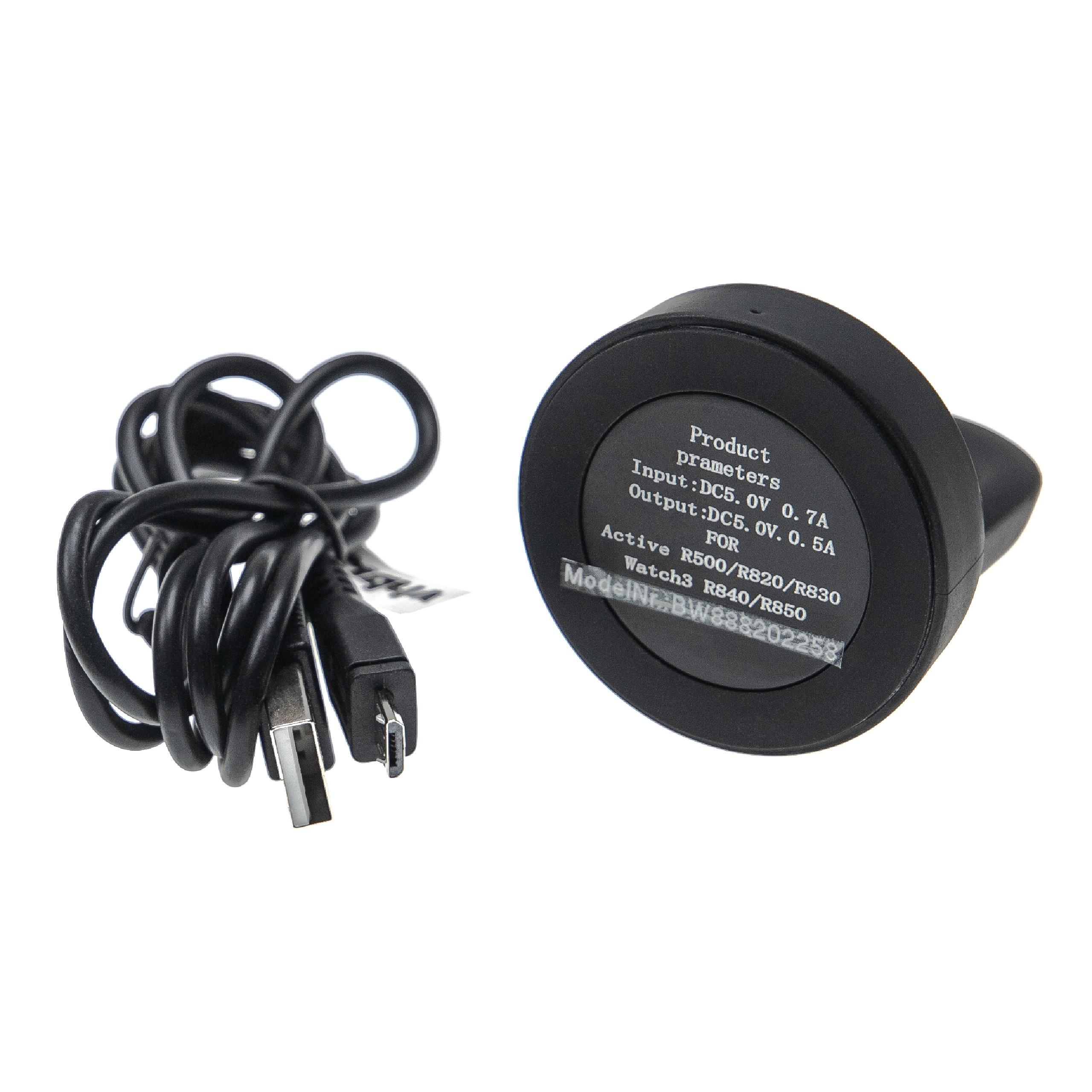 Eine schwarze Ladestation mit Kabel und USB-Anschluss. Text auf der Basis sagt Produktparameter und Modellnummer.