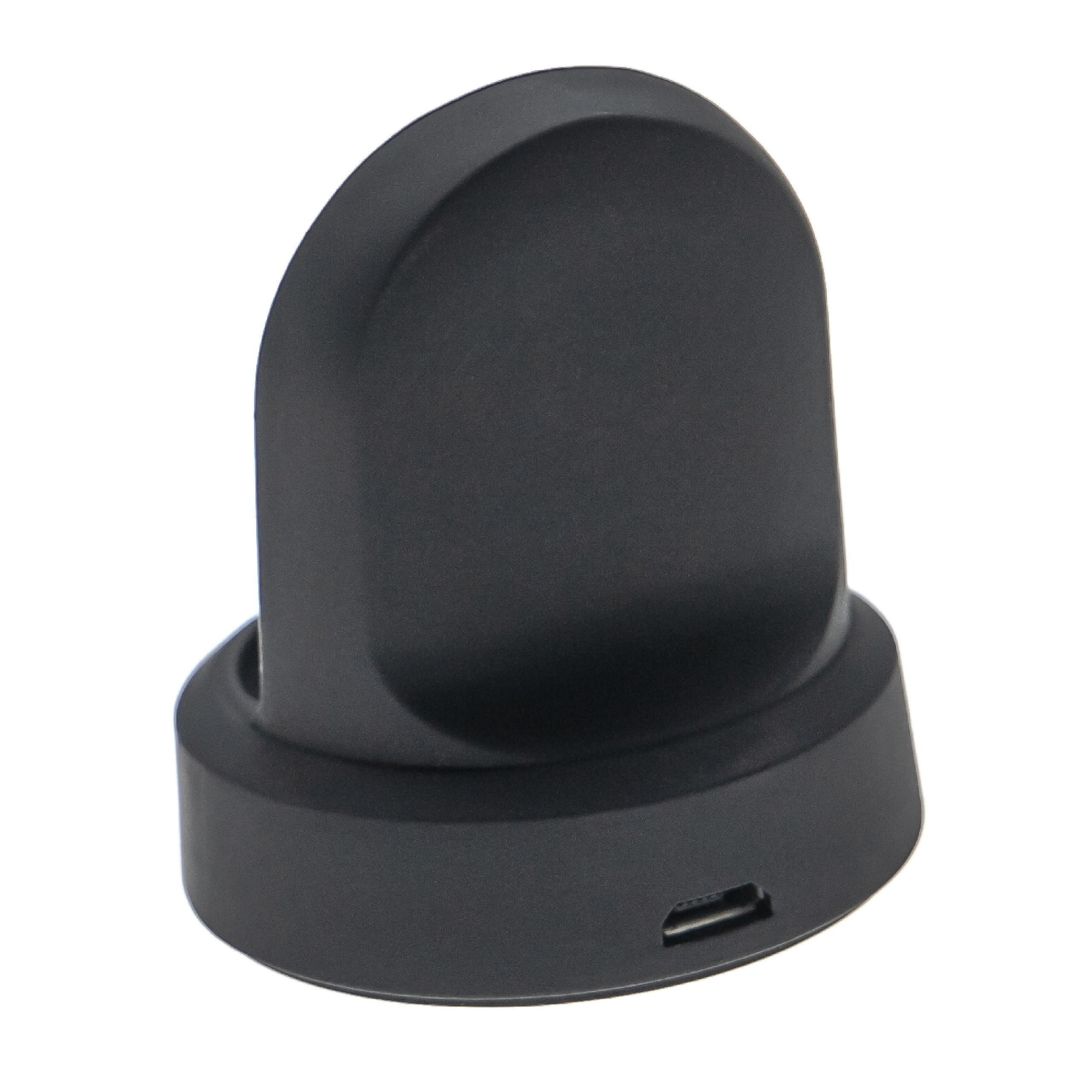 Eine schwarze, gebogene Ladestation für eine Smartwatch auf weißem Hintergrund. Es hat einen USB-Anschluss.